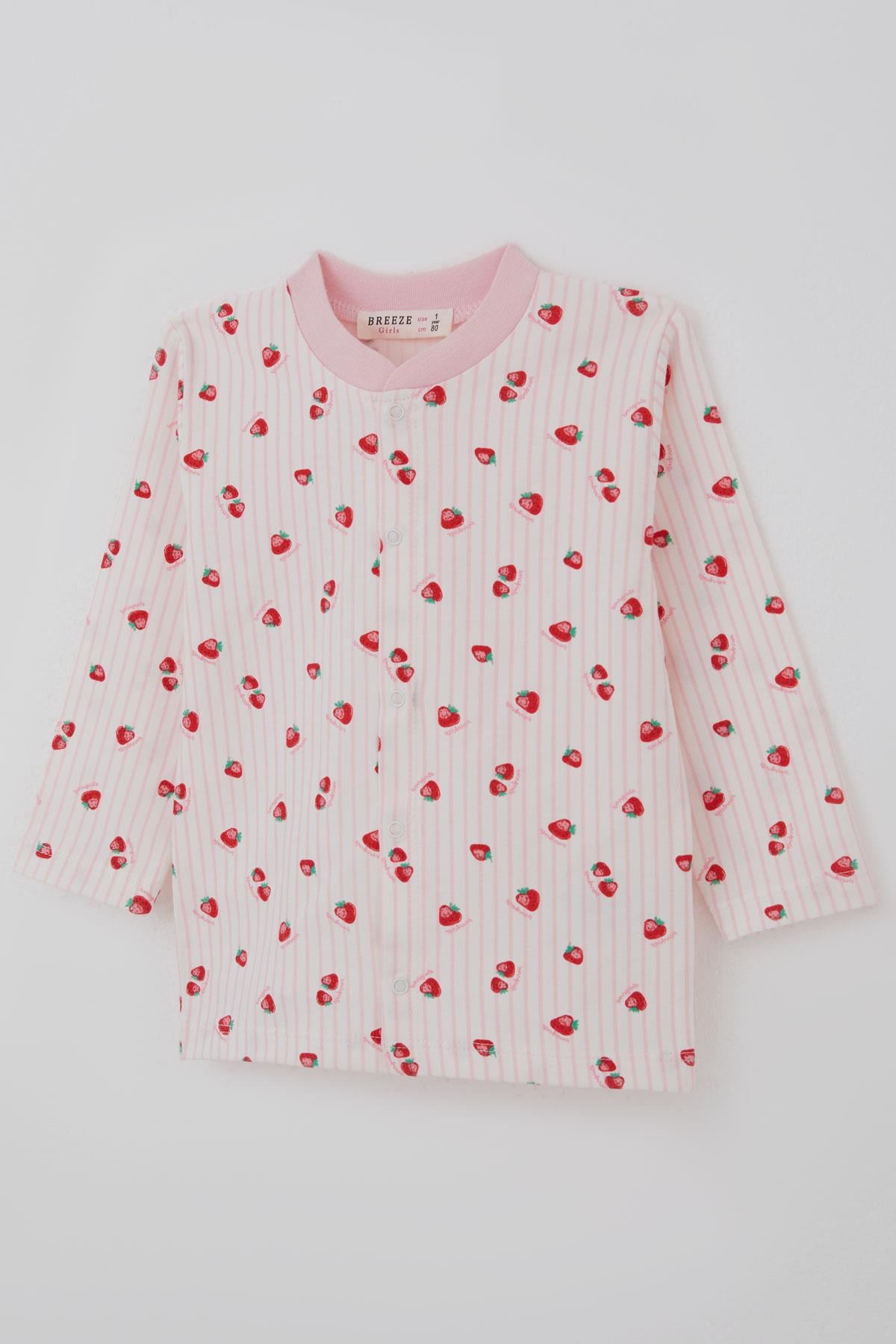Breeze Kız Bebek Pijama Takımı Önden Çıtçıtlı Çilek Desenli Ekru (4 Ay-1 Yaş)