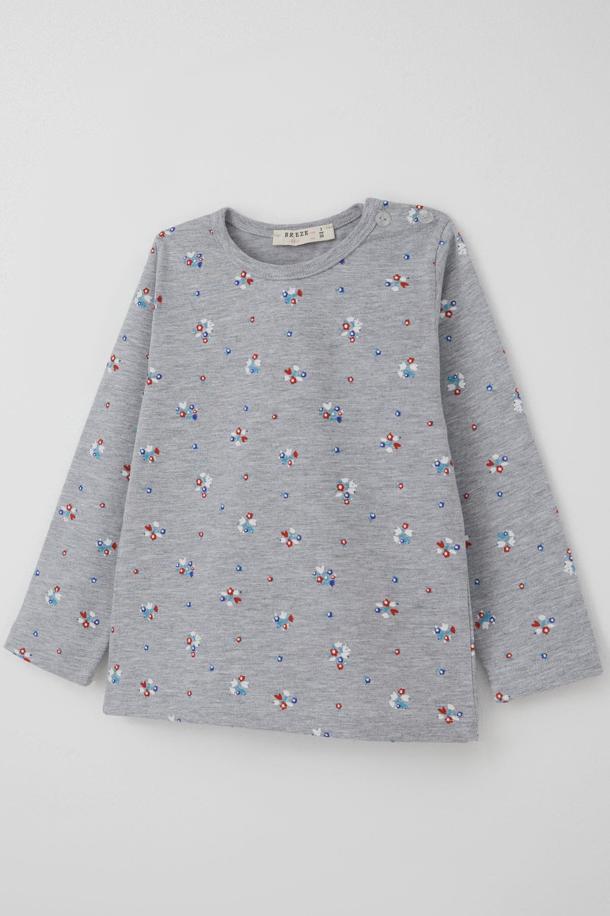 Breeze Kız Bebek Pijama Takımı Renkli Çiçek Desenli Gri Melanj (9 Ay-3 Yaş)