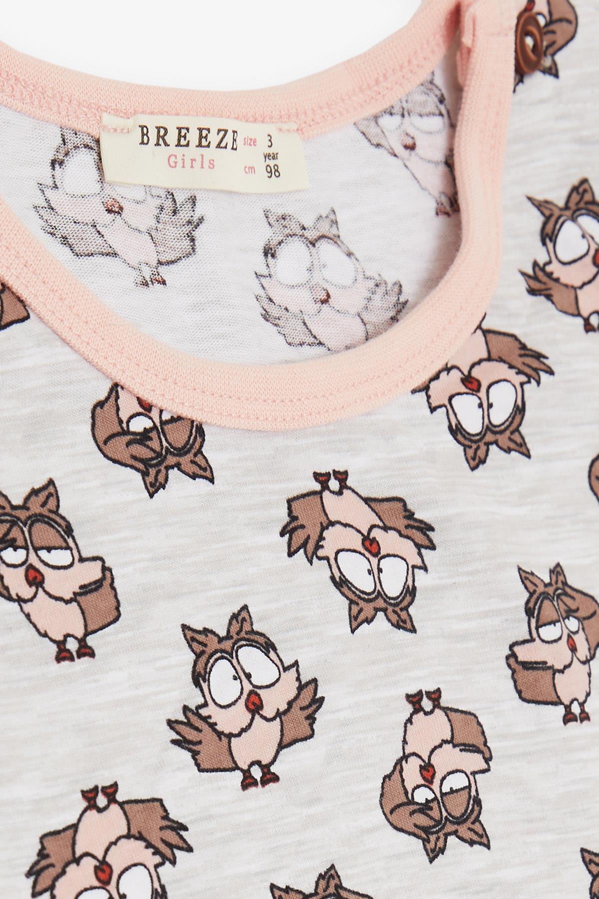 Breeze Kız Bebek Pijama Takımı Şaşkın Baykuş Desenli Bej Melanj (9 Ay-3 Yaş)