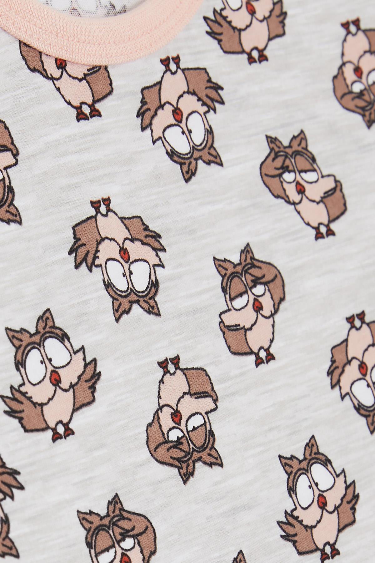 Breeze Kız Bebek Pijama Takımı Şaşkın Baykuş Desenli Bej Melanj (9 Ay-3 Yaş)