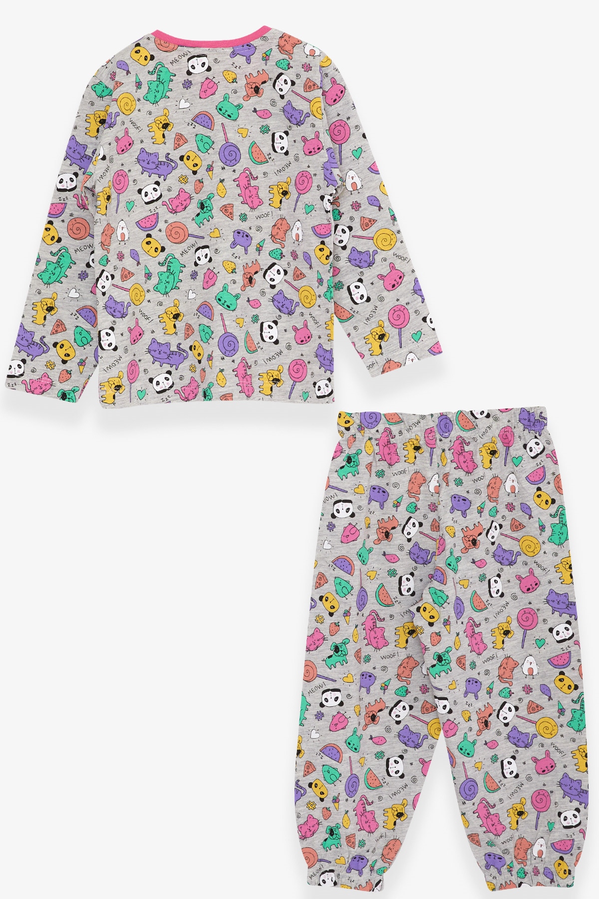 Breeze Kız Bebek Pijama Takımı Şeker Desenli Açık Gri Melanj (9 Ay-3 Yaş)