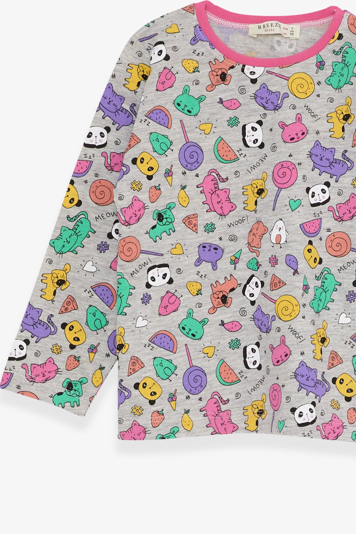 Breeze Kız Bebek Pijama Takımı Şeker Desenli Açık Gri Melanj (9 Ay-3 Yaş)