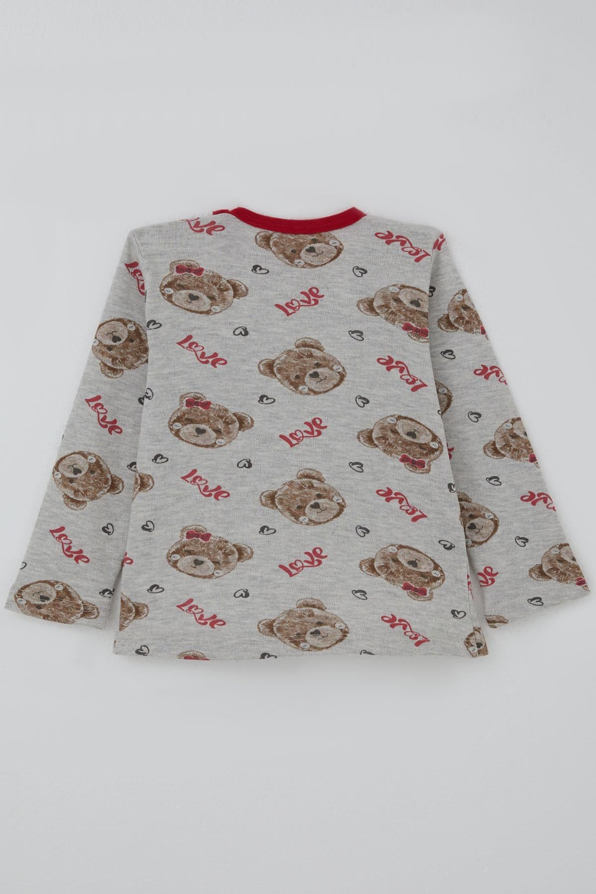 Breeze Kız Bebek Pijama Takımı Sevgi Temalı Fiyonklu Ayıcık Desenli Açık Gri Melanj (9 Ay-3 Yaş)
