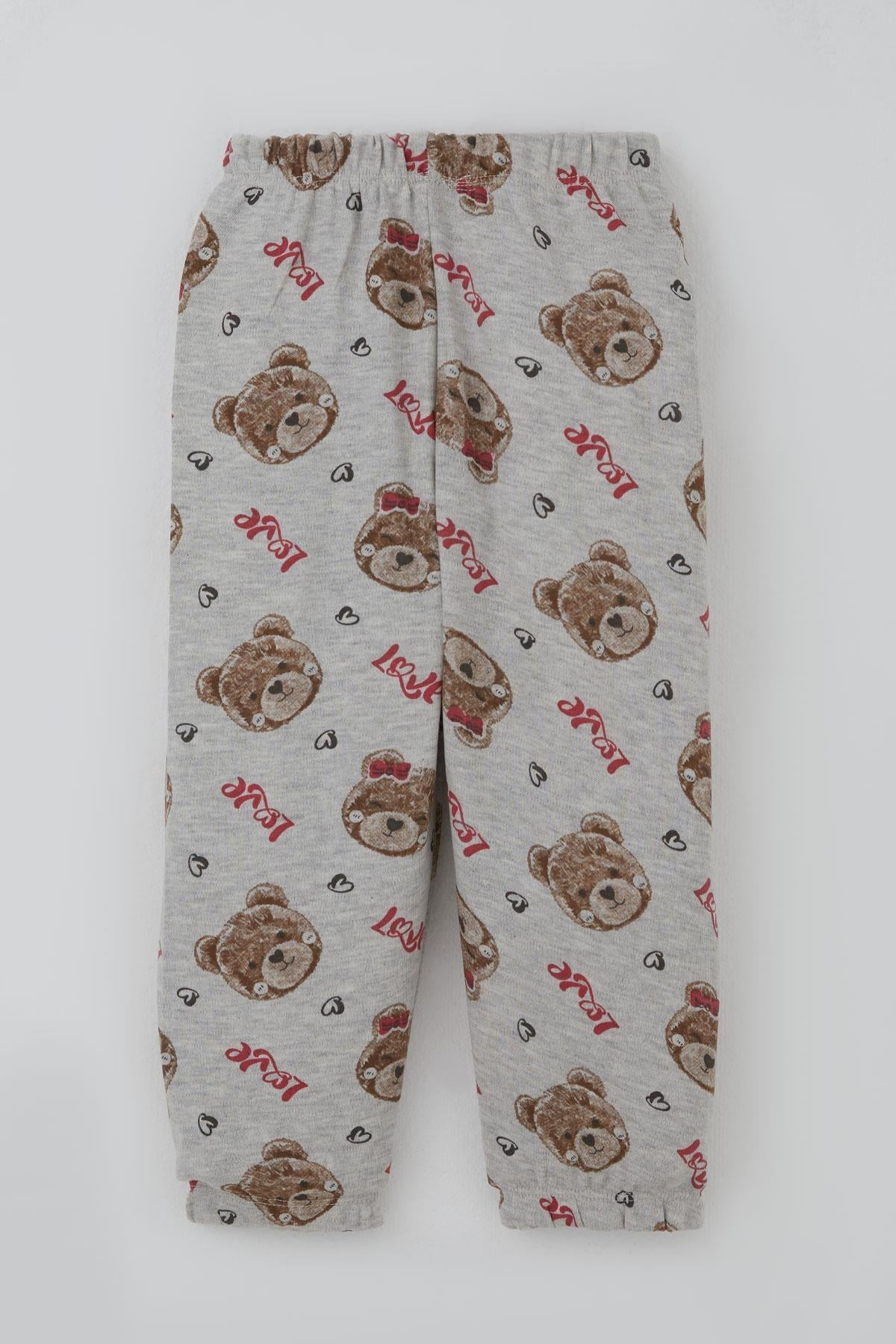 Breeze Kız Bebek Pijama Takımı Sevgi Temalı Fiyonklu Ayıcık Desenli Açık Gri Melanj (9 Ay-3 Yaş)