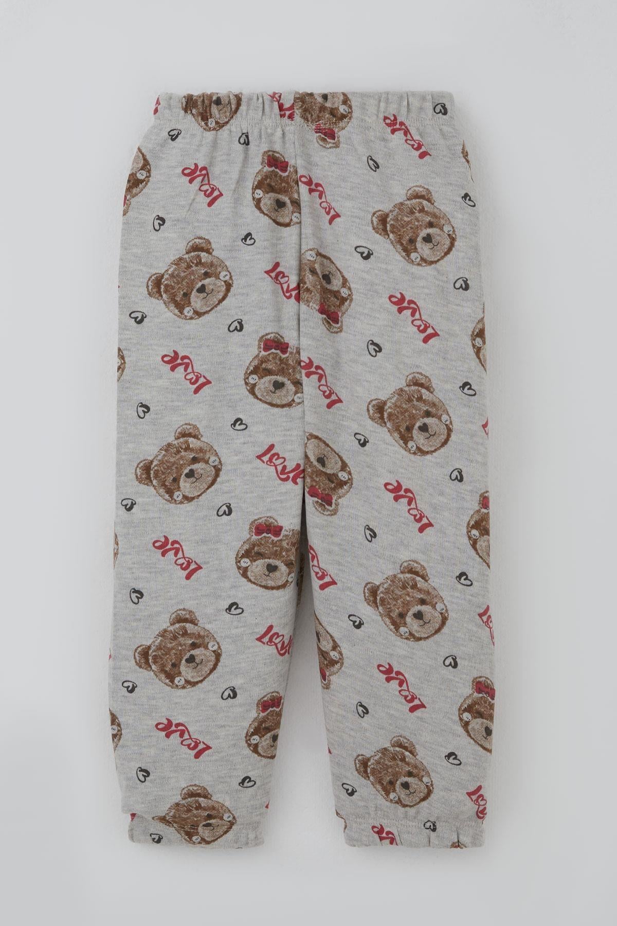 Breeze Kız Bebek Pijama Takımı Sevgi Temalı Fiyonklu Ayıcık Desenli Açık Gri Melanj (9 Ay-3 Yaş)