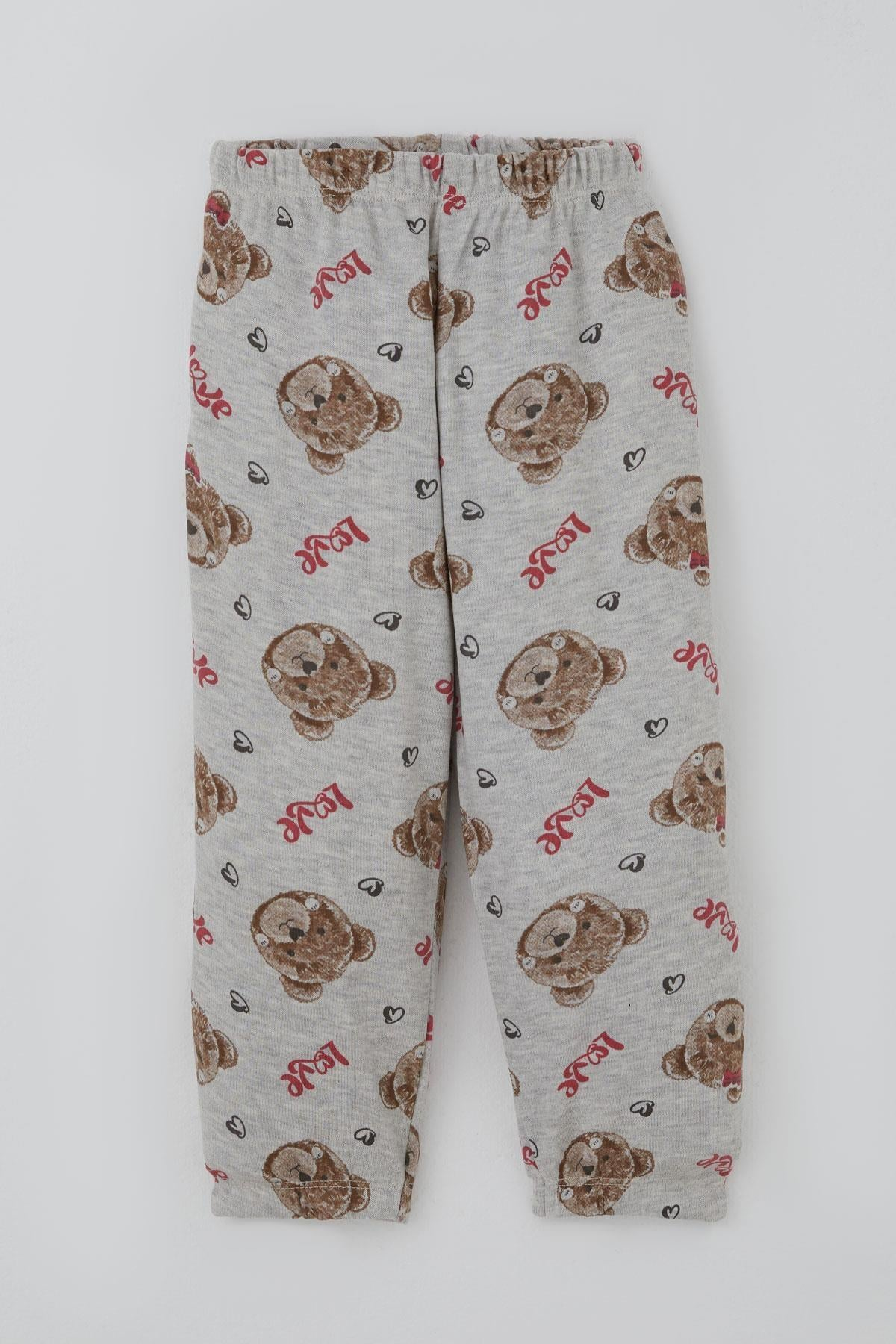 Breeze Kız Bebek Pijama Takımı Sevgi Temalı Fiyonklu Ayıcık Desenli Açık Gri Melanj (9 Ay-3 Yaş)