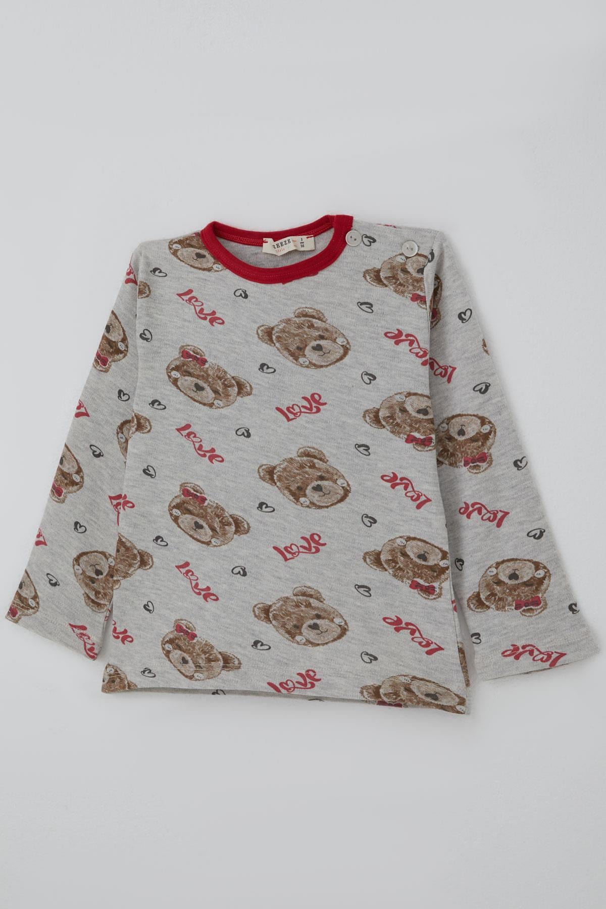Breeze Kız Bebek Pijama Takımı Sevgi Temalı Fiyonklu Ayıcık Desenli Açık Gri Melanj (9 Ay-3 Yaş)