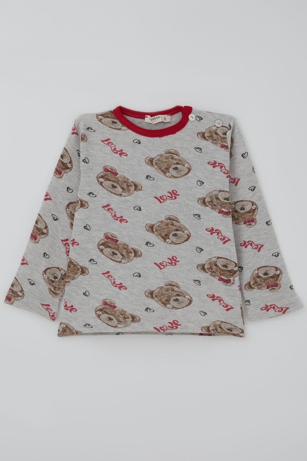 Breeze Kız Bebek Pijama Takımı Sevgi Temalı Fiyonklu Ayıcık Desenli Açık Gri Melanj (9 Ay-3 Yaş)