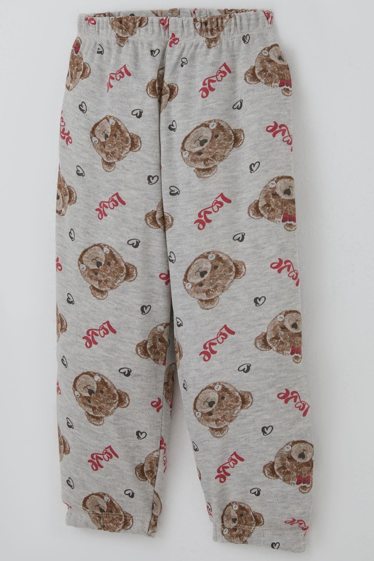 Breeze Kız Bebek Pijama Takımı Sevgi Temalı Fiyonklu Ayıcık Desenli Açık Gri Melanj (9 Ay-3 Yaş)