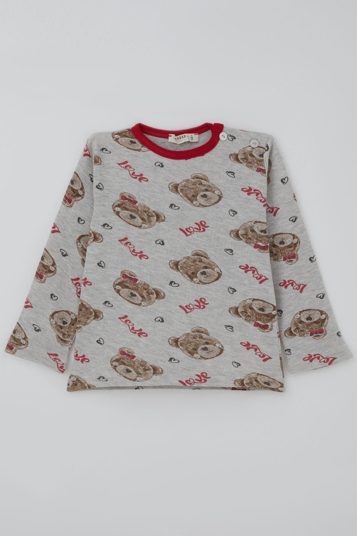 Breeze Kız Bebek Pijama Takımı Sevgi Temalı Fiyonklu Ayıcık Desenli Açık Gri Melanj (9 Ay-3 Yaş)