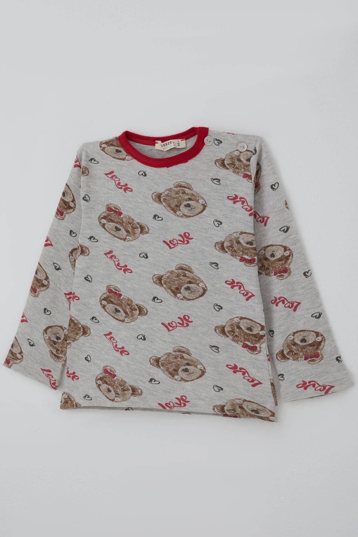 Breeze Kız Bebek Pijama Takımı Sevgi Temalı Fiyonklu Ayıcık Desenli Açık Gri Melanj (9 Ay-3 Yaş)