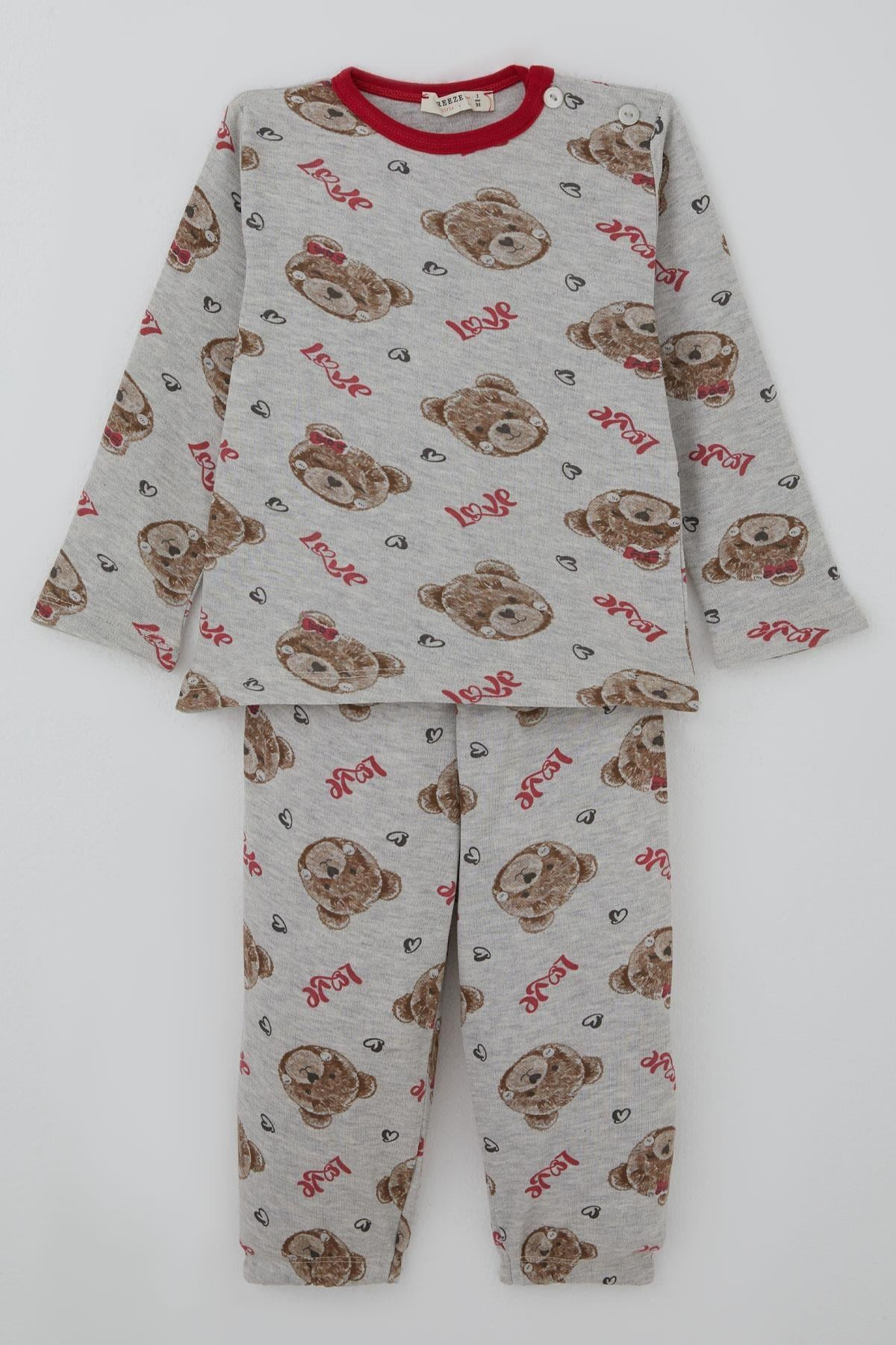 Breeze Kız Bebek Pijama Takımı Sevgi Temalı Fiyonklu Ayıcık Desenli Açık Gri Melanj (9 Ay-3 Yaş)