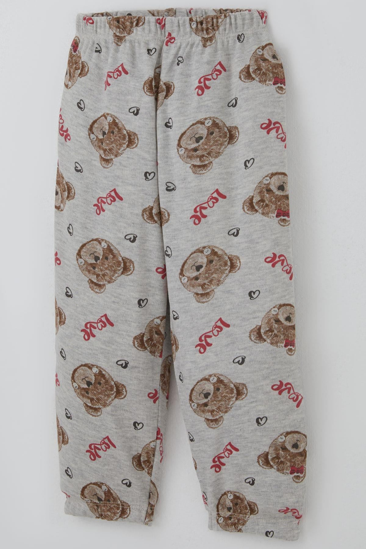 Breeze Kız Bebek Pijama Takımı Sevgi Temalı Fiyonklu Ayıcık Desenli Açık Gri Melanj (9 Ay-3 Yaş)