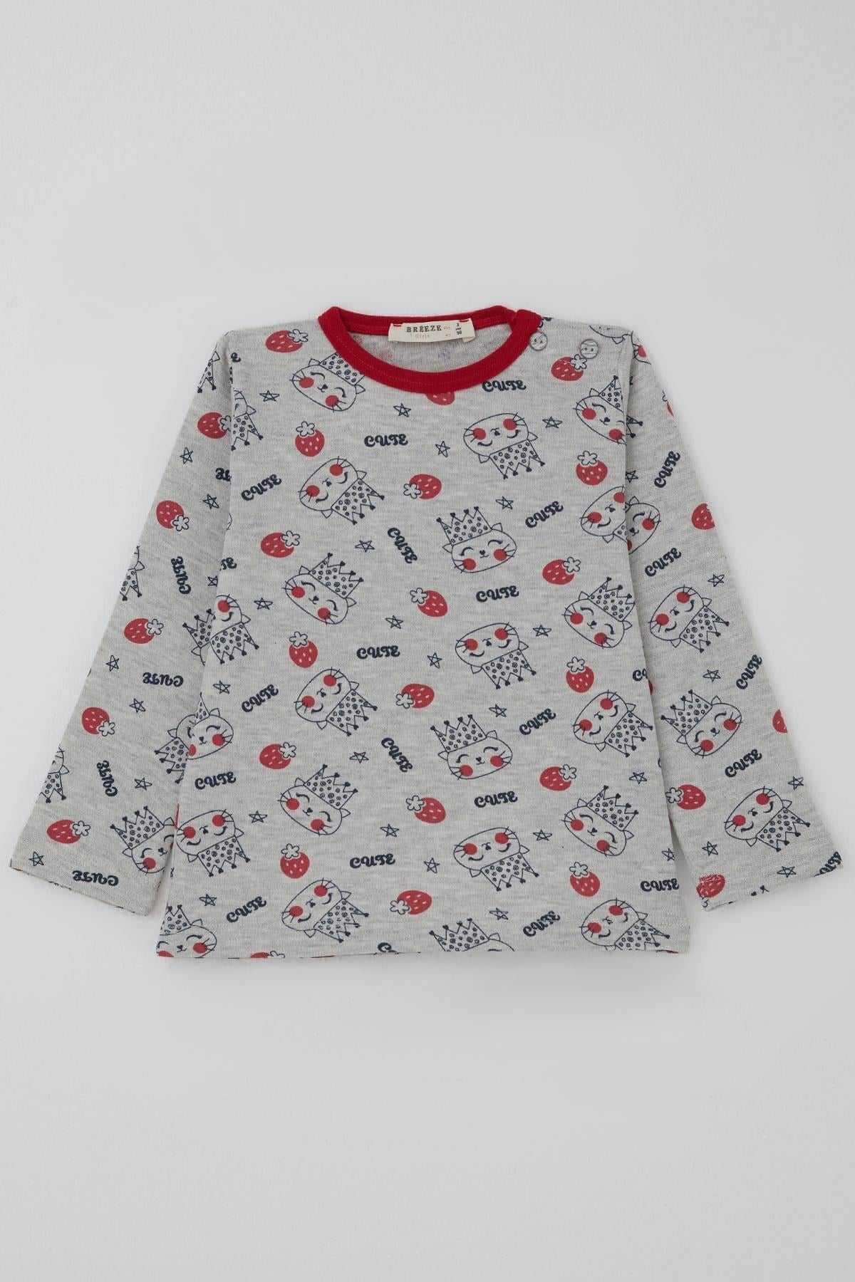 Breeze Kız Bebek Pijama Takımı Sevimli Kraliçe Desenli Çilekli Açık Gri Melanj (9 Ay-3 Yaş)
