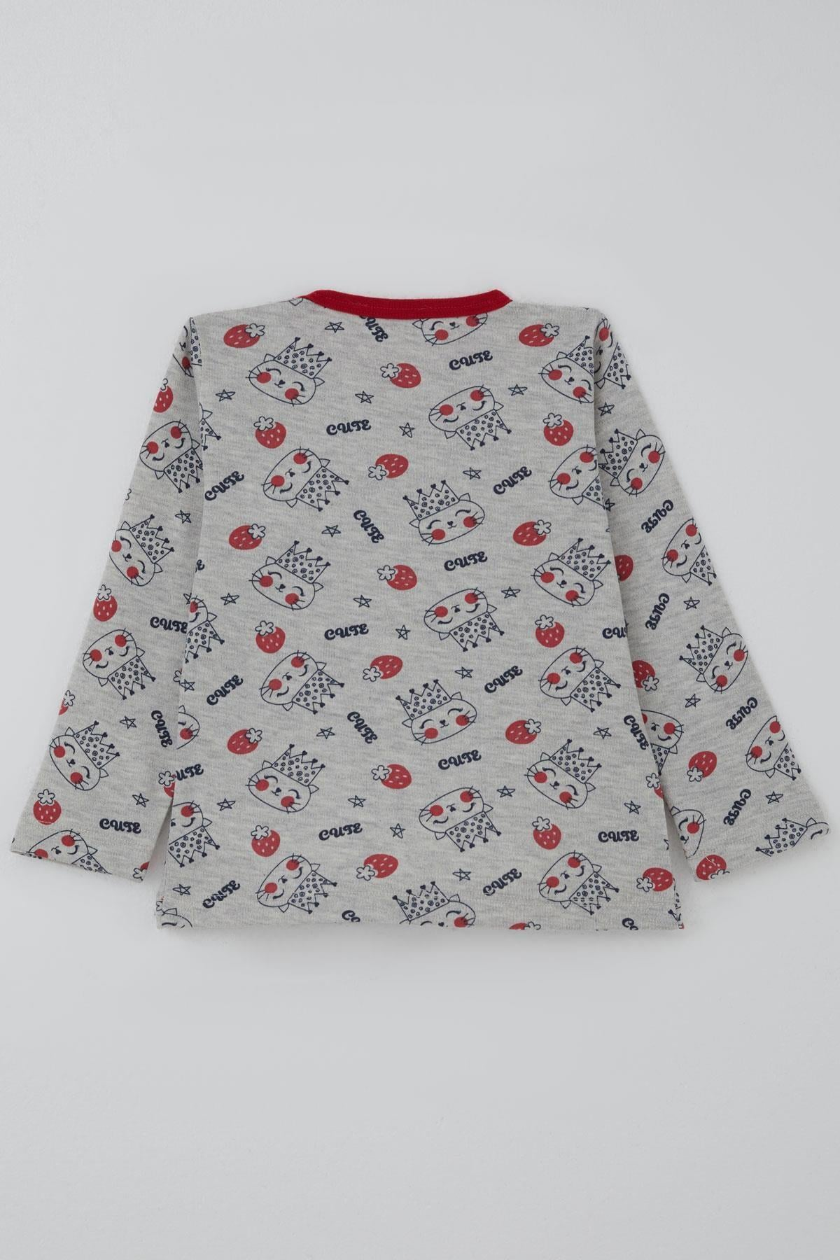 Breeze Kız Bebek Pijama Takımı Sevimli Kraliçe Desenli Çilekli Açık Gri Melanj (9 Ay-3 Yaş)