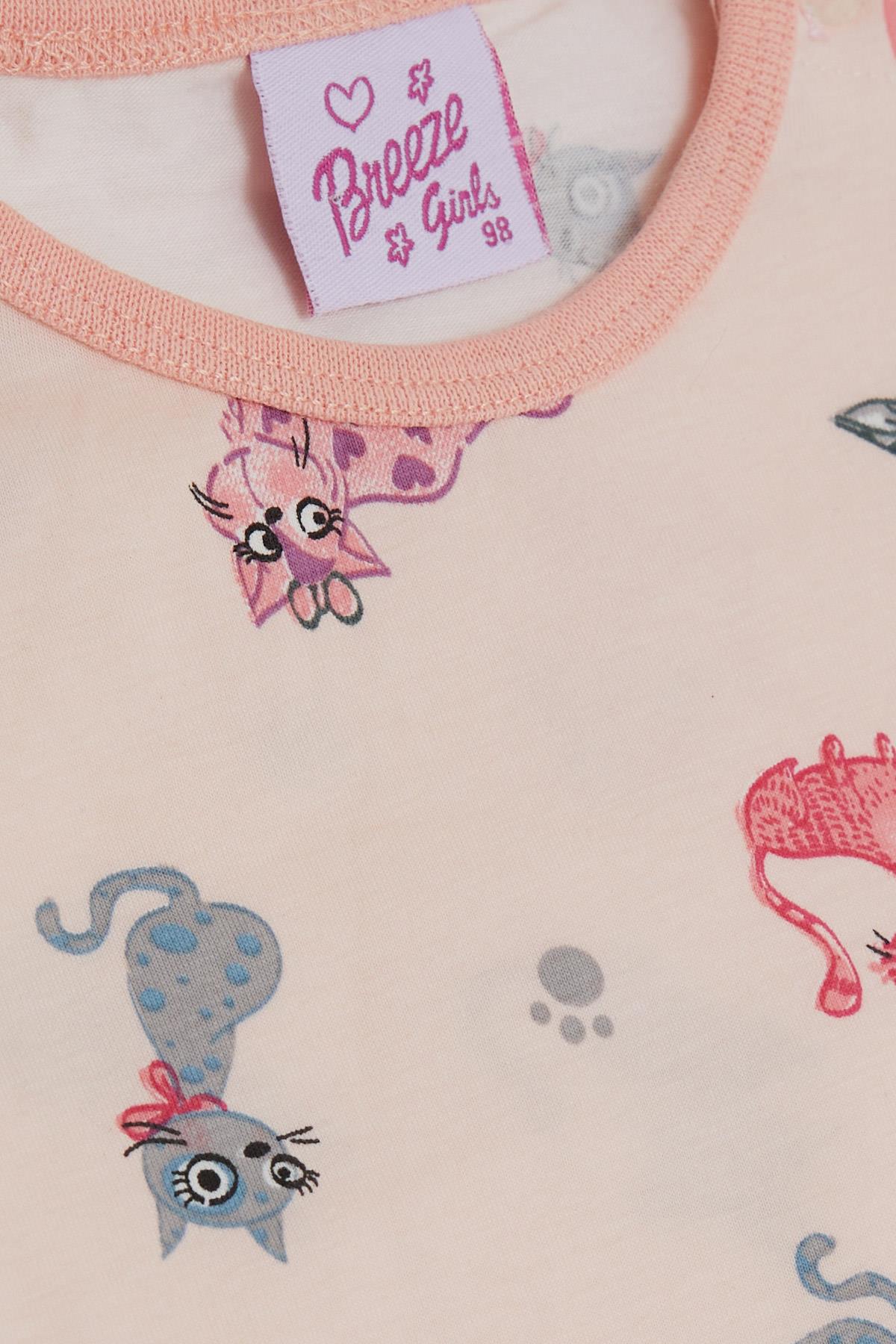 Breeze Kız Bebek Pijama Takımı Sevimli Kedicik Desenli Somon (1-3 Yaş)