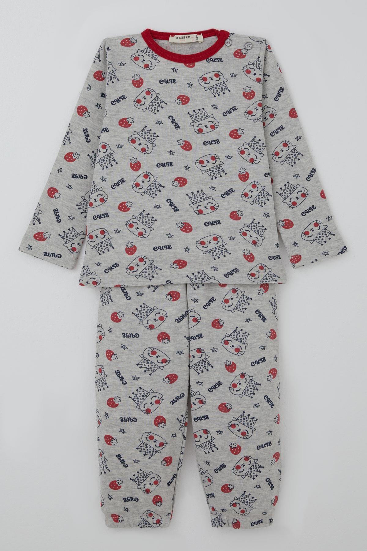 Breeze Kız Bebek Pijama Takımı Sevimli Kraliçe Desenli Çilekli Açık Gri Melanj (9 Ay-3 Yaş)