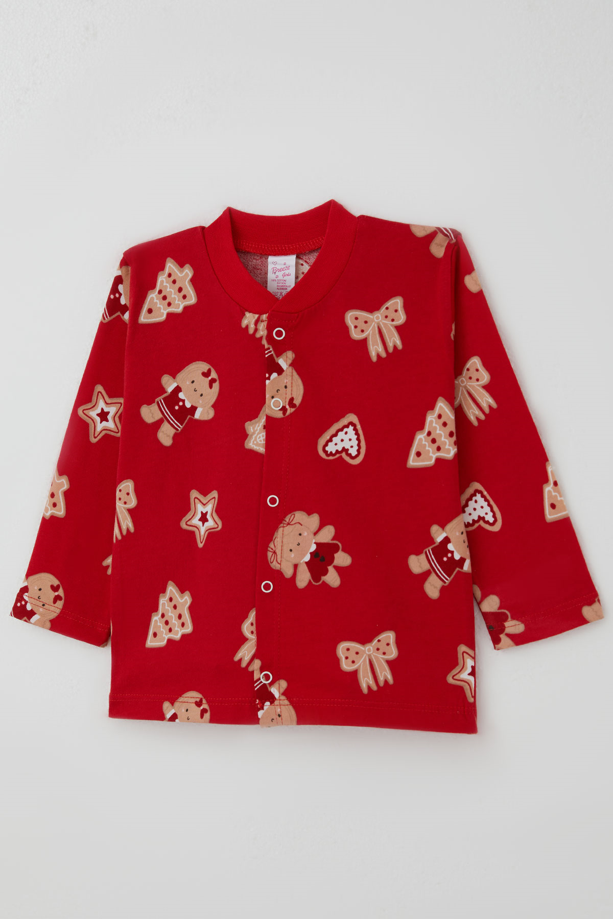 Breeze Kız Bebek Pijama Takımı Sevimli Kurabiye Bebek & Fiyonk Desenli Önden Çıtçıtlı Kırmızı (4 Ay - 1 Yaş)