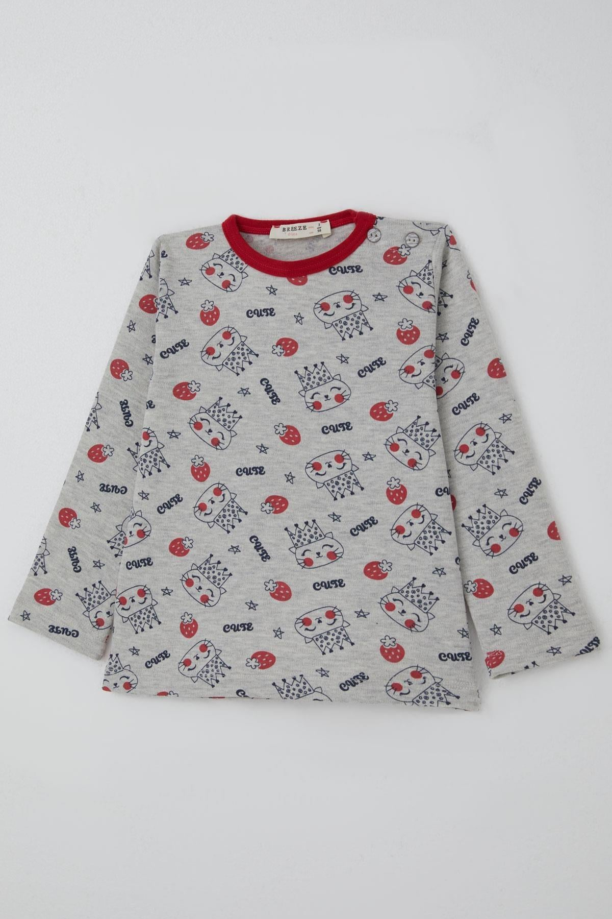 Breeze Kız Bebek Pijama Takımı Sevimli Kraliçe Desenli Çilekli Açık Gri Melanj (9 Ay-3 Yaş)