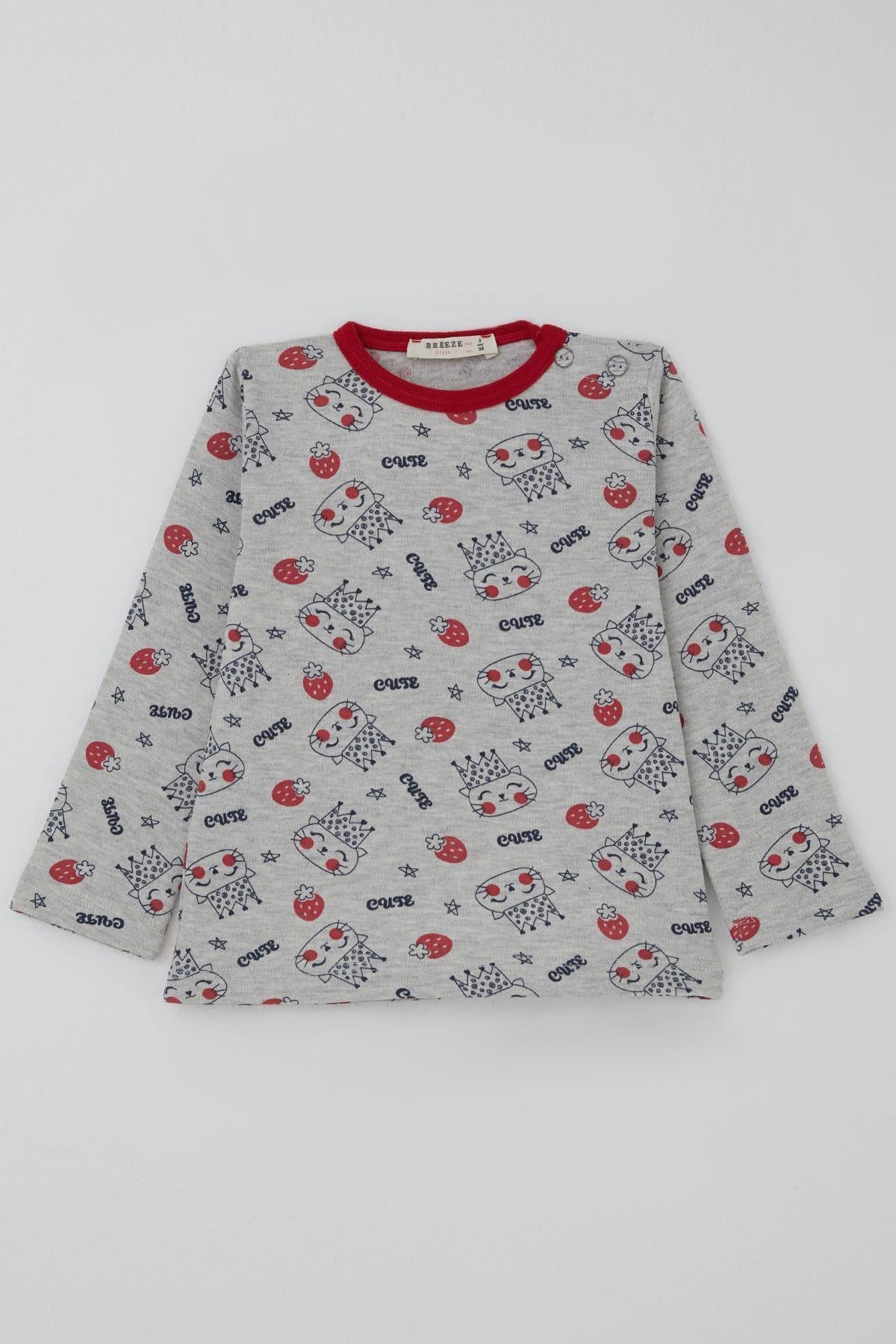 Breeze Kız Bebek Pijama Takımı Sevimli Kraliçe Desenli Çilekli Açık Gri Melanj (9 Ay-3 Yaş)