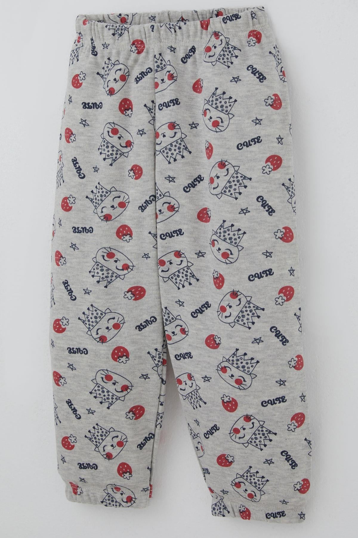 Breeze Kız Bebek Pijama Takımı Sevimli Kraliçe Desenli Çilekli Açık Gri Melanj (9 Ay-3 Yaş)