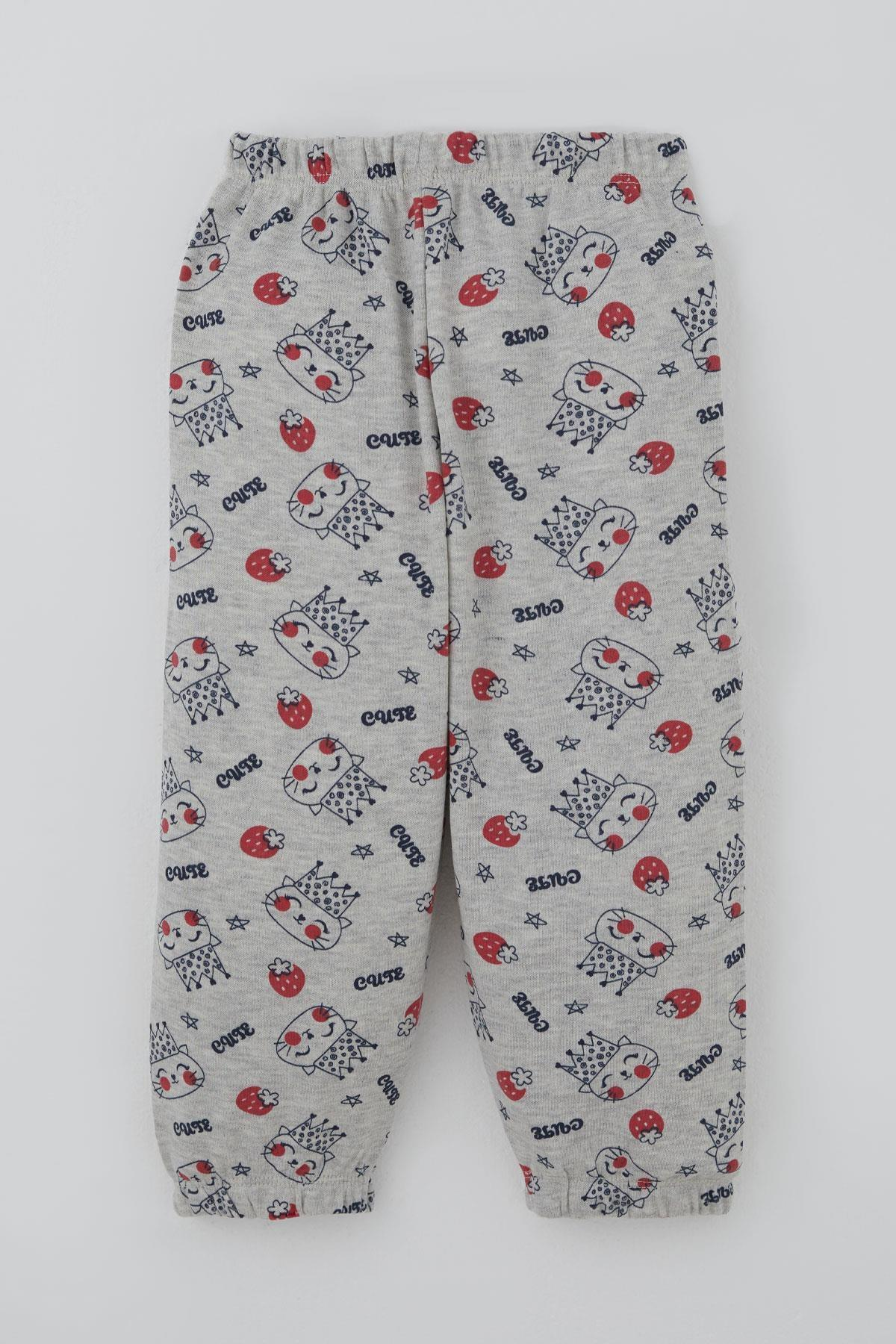Breeze Kız Bebek Pijama Takımı Sevimli Kraliçe Desenli Çilekli Açık Gri Melanj (9 Ay-3 Yaş)