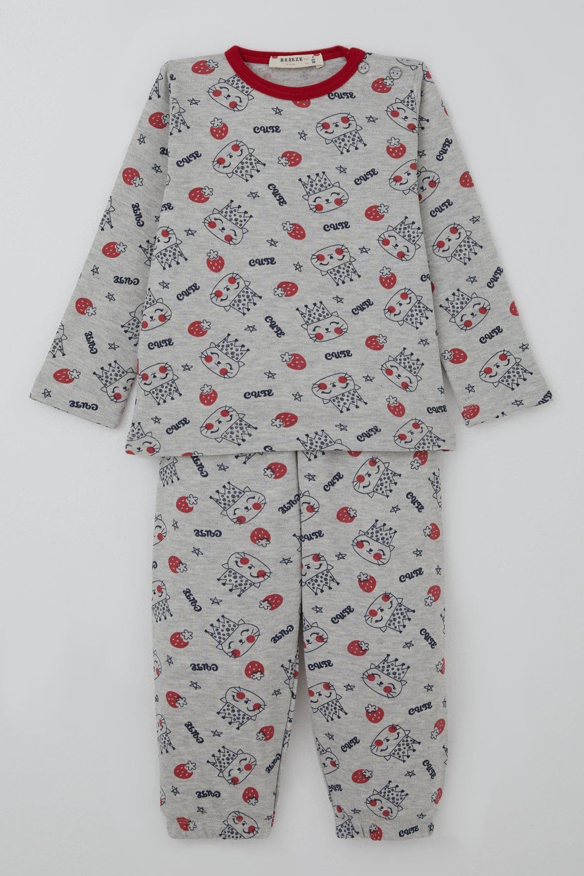 Breeze Kız Bebek Pijama Takımı Sevimli Kraliçe Desenli Çilekli Açık Gri Melanj (9 Ay-3 Yaş)