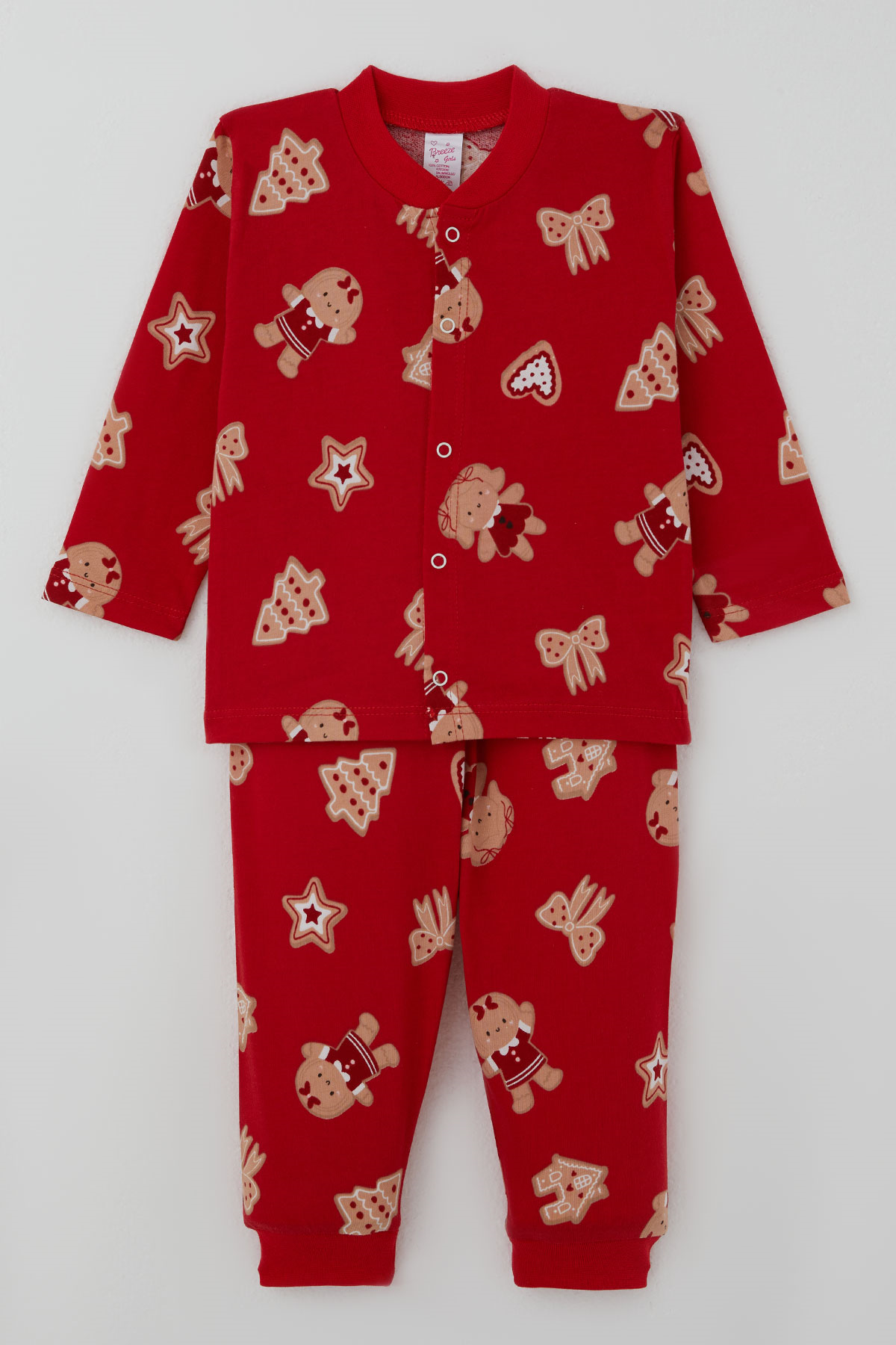 Breeze Kız Bebek Pijama Takımı Sevimli Kurabiye Bebek & Fiyonk Desenli Önden Çıtçıtlı Kırmızı (4 Ay - 1 Yaş)
