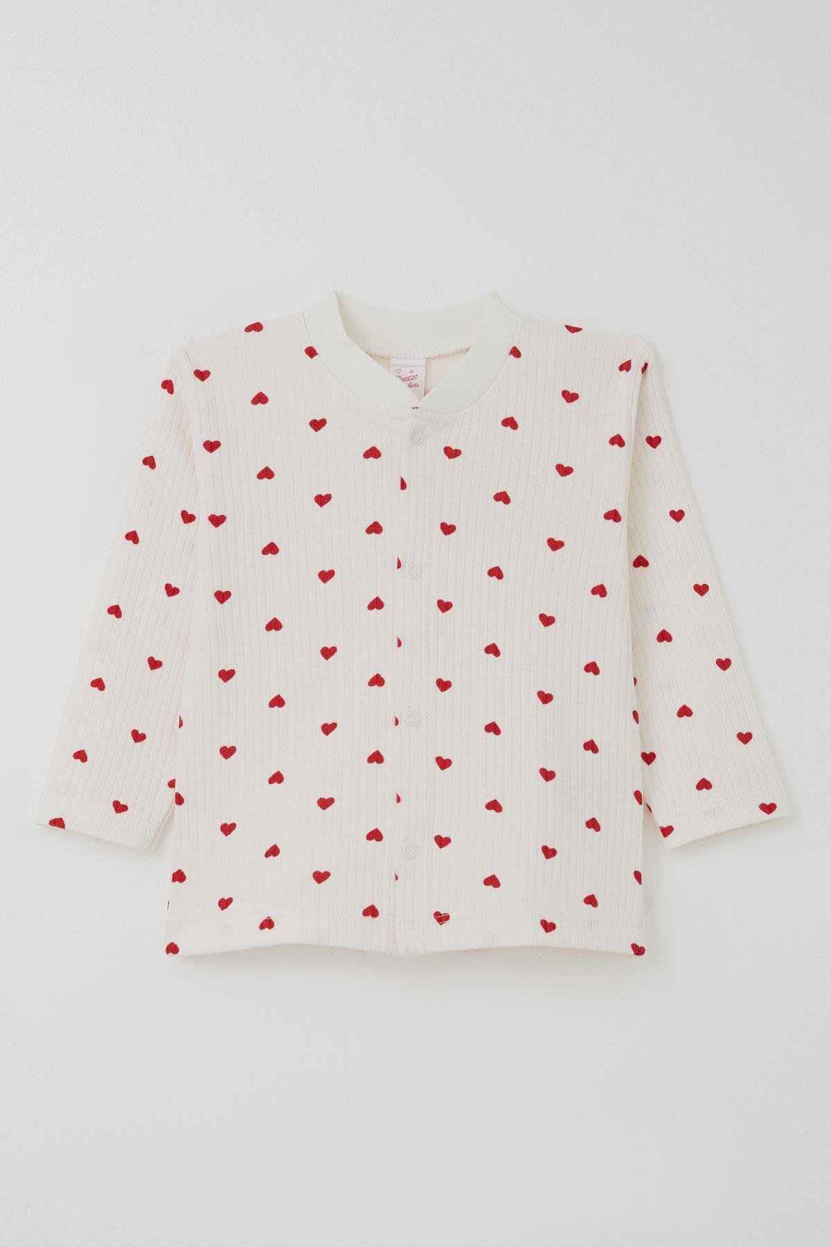 Breeze Kız Bebek Pijma Takımı Kalp Desenli Önden Çıtçıtlı Ekru (4 Ay-1 Yaş)