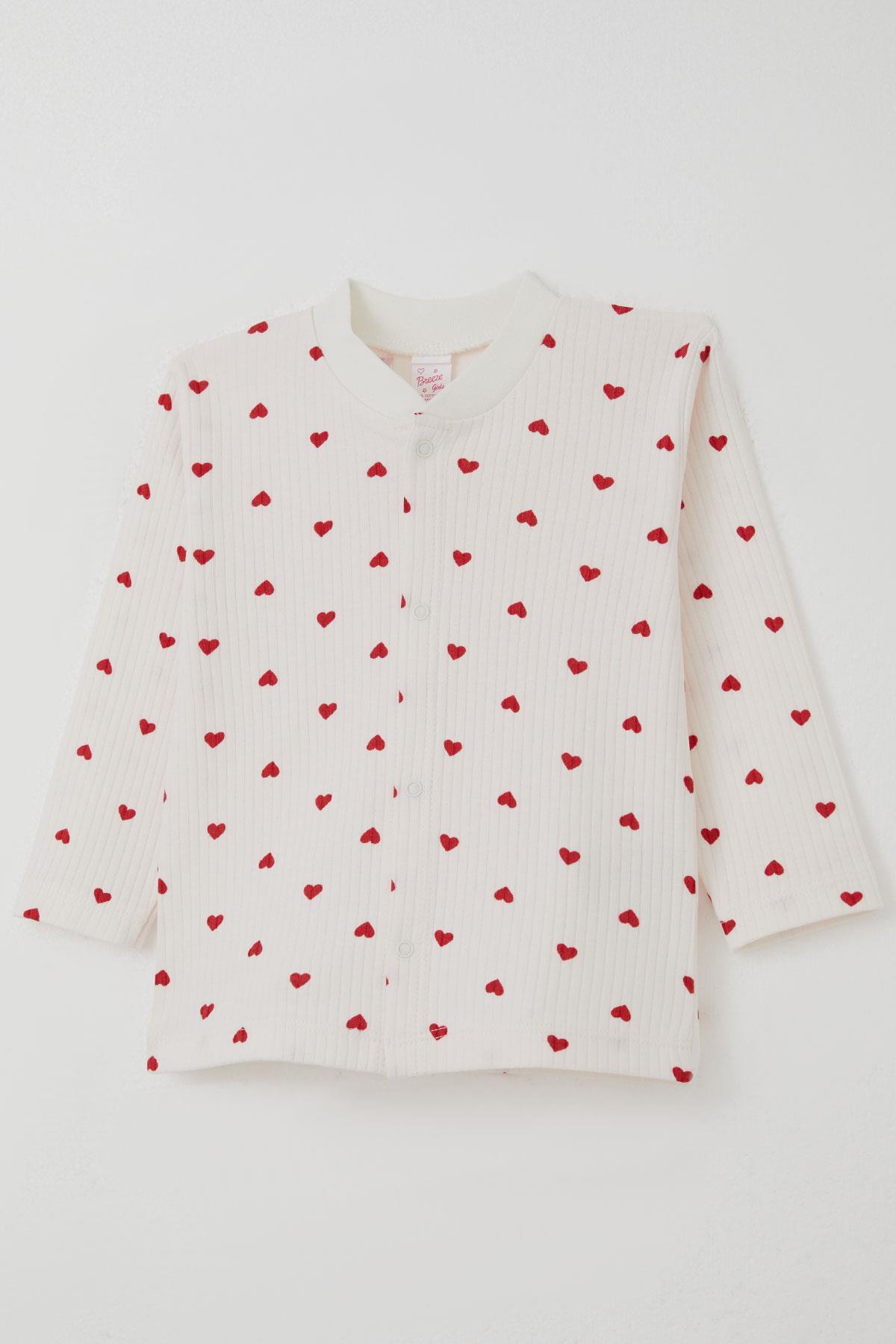 Breeze Kız Bebek Pijma Takımı Kalp Desenli Önden Çıtçıtlı Ekru (4 Ay-1 Yaş)