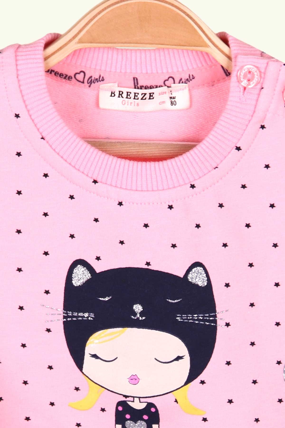 Breeze Kız Bebek Sweatshirt Kız Baskılı Simli Pudra (4 Ay-1.5 Yaş)