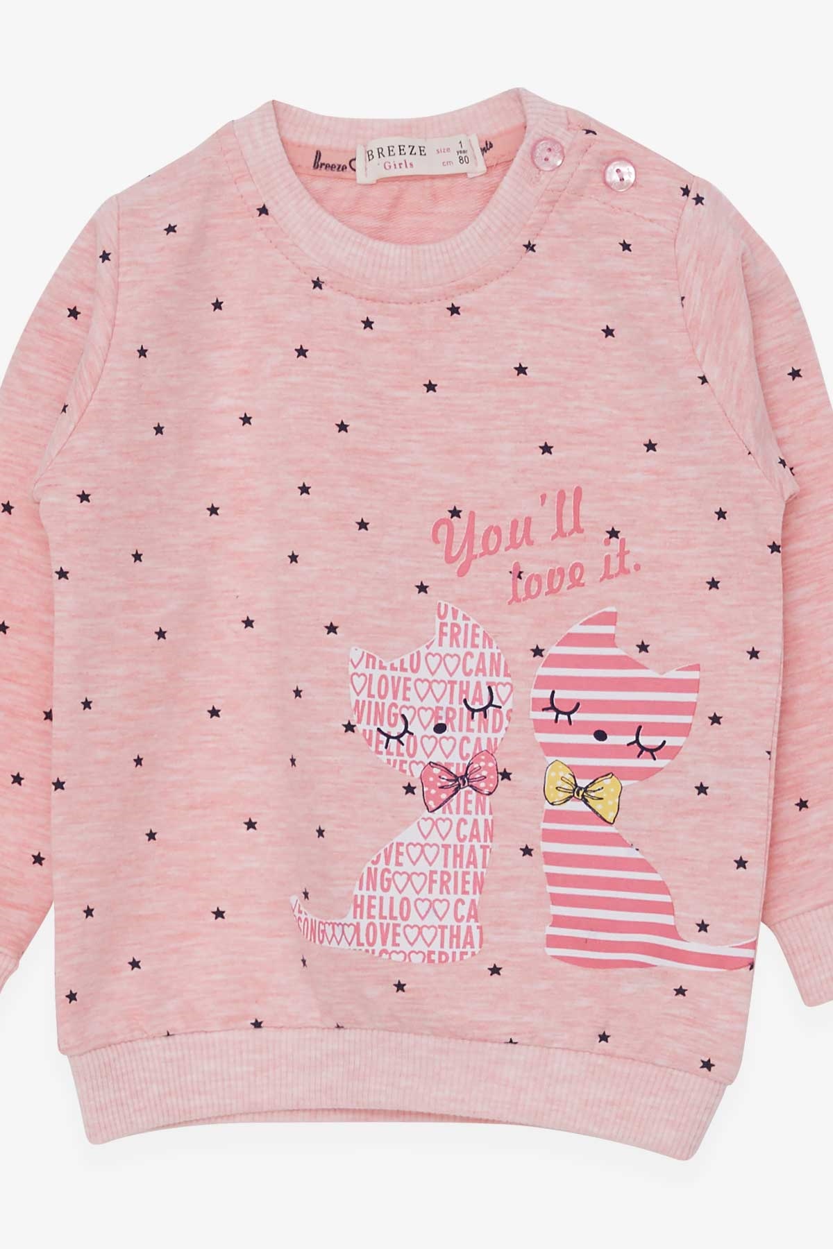 Breeze Kız Bebek Sweatshirt Mutlu Kedicikler Somon Melanj (4 Ay-1.5 Yaş)