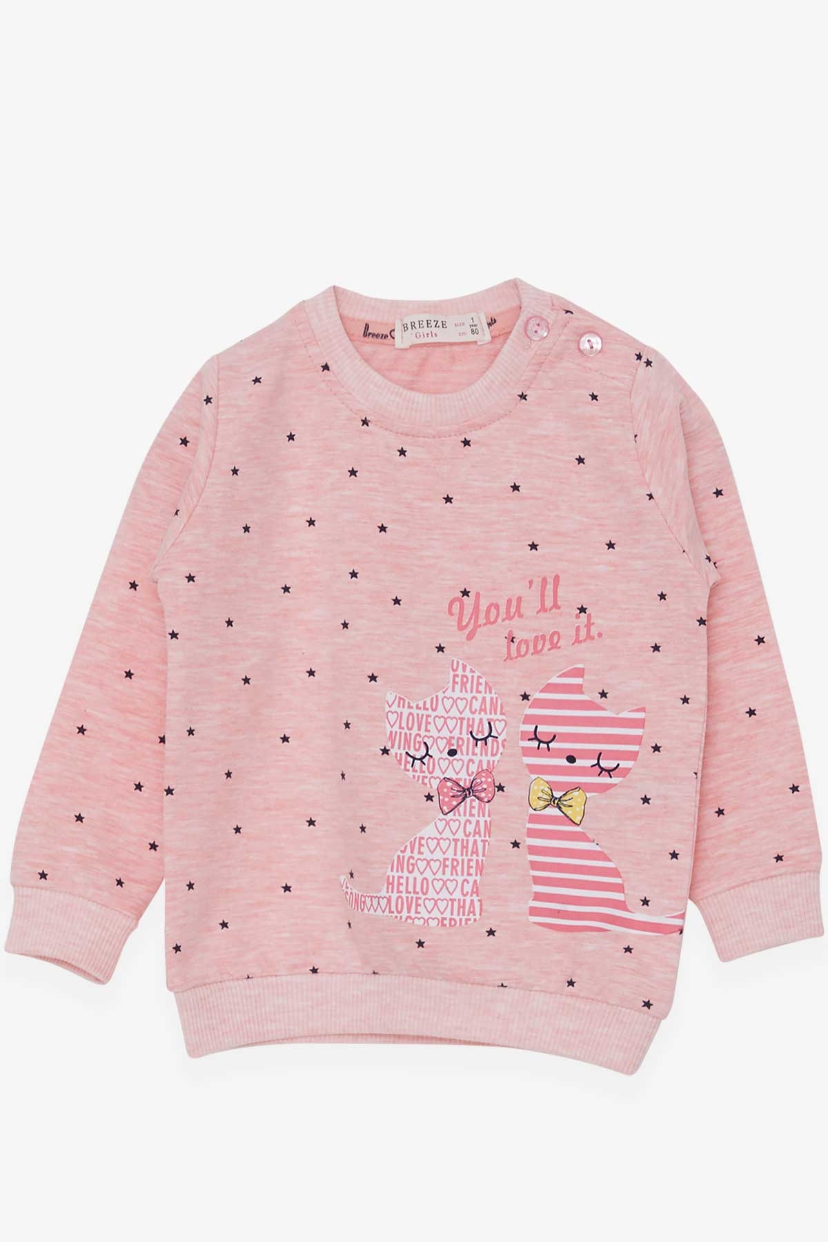 Breeze Kız Bebek Sweatshirt Mutlu Kedicikler Somon Melanj (4 Ay-1.5 Yaş)