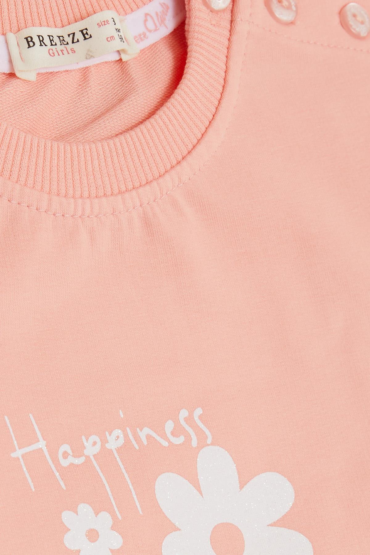 Breeze Kız Bebek Sweatshirt Simli Çiçek Baskılı Somon (9 Ay-3 Yaş)