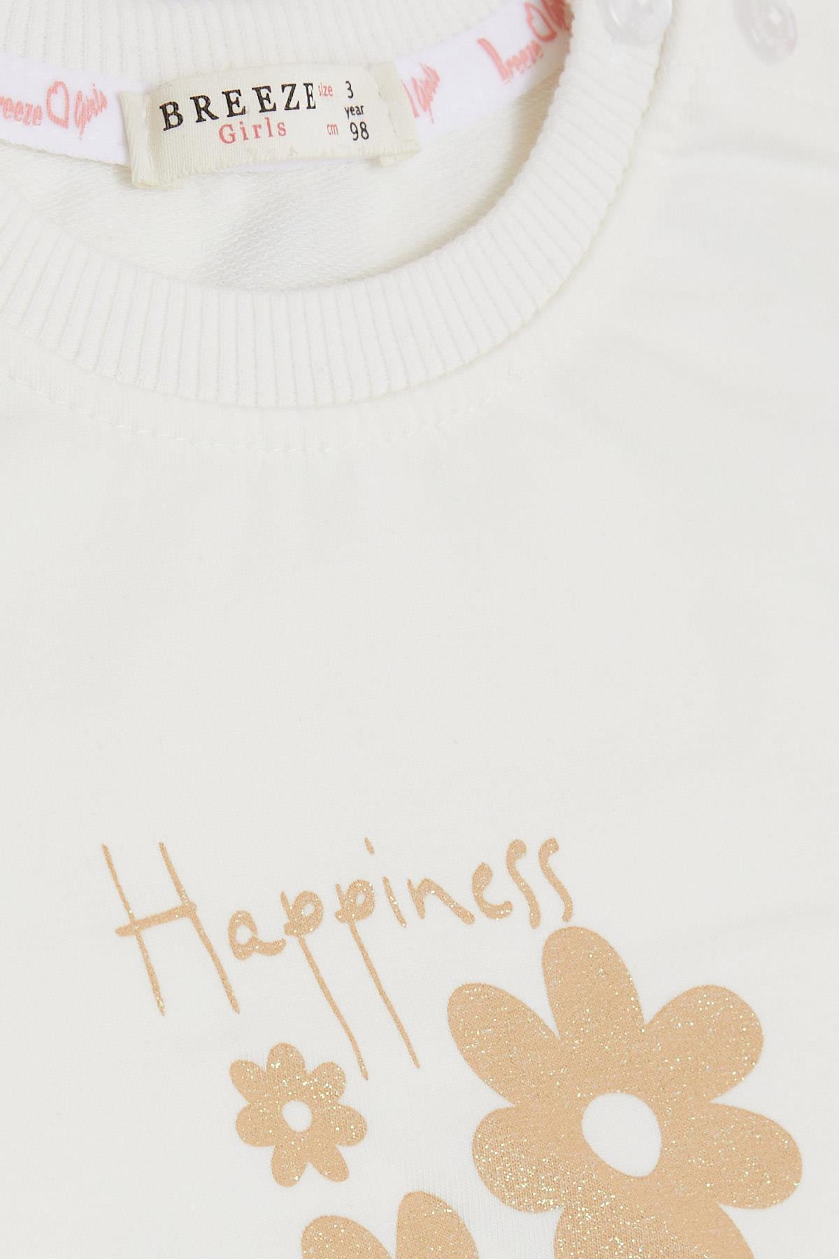 Breeze Kız Bebek Sweatshirt Simli Çiçek Baskılı Ekru (9 Ay-3 Yaş)