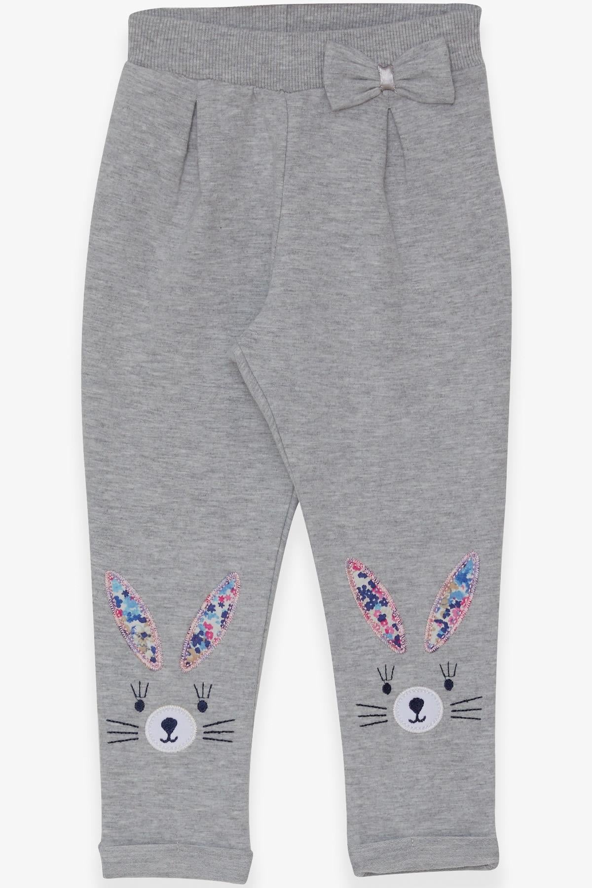 Breeze Kız Bebek Tayt Pantolon Tavşan Nakışlı Açık Gri Melanj (9 Ay-3 Yaş)