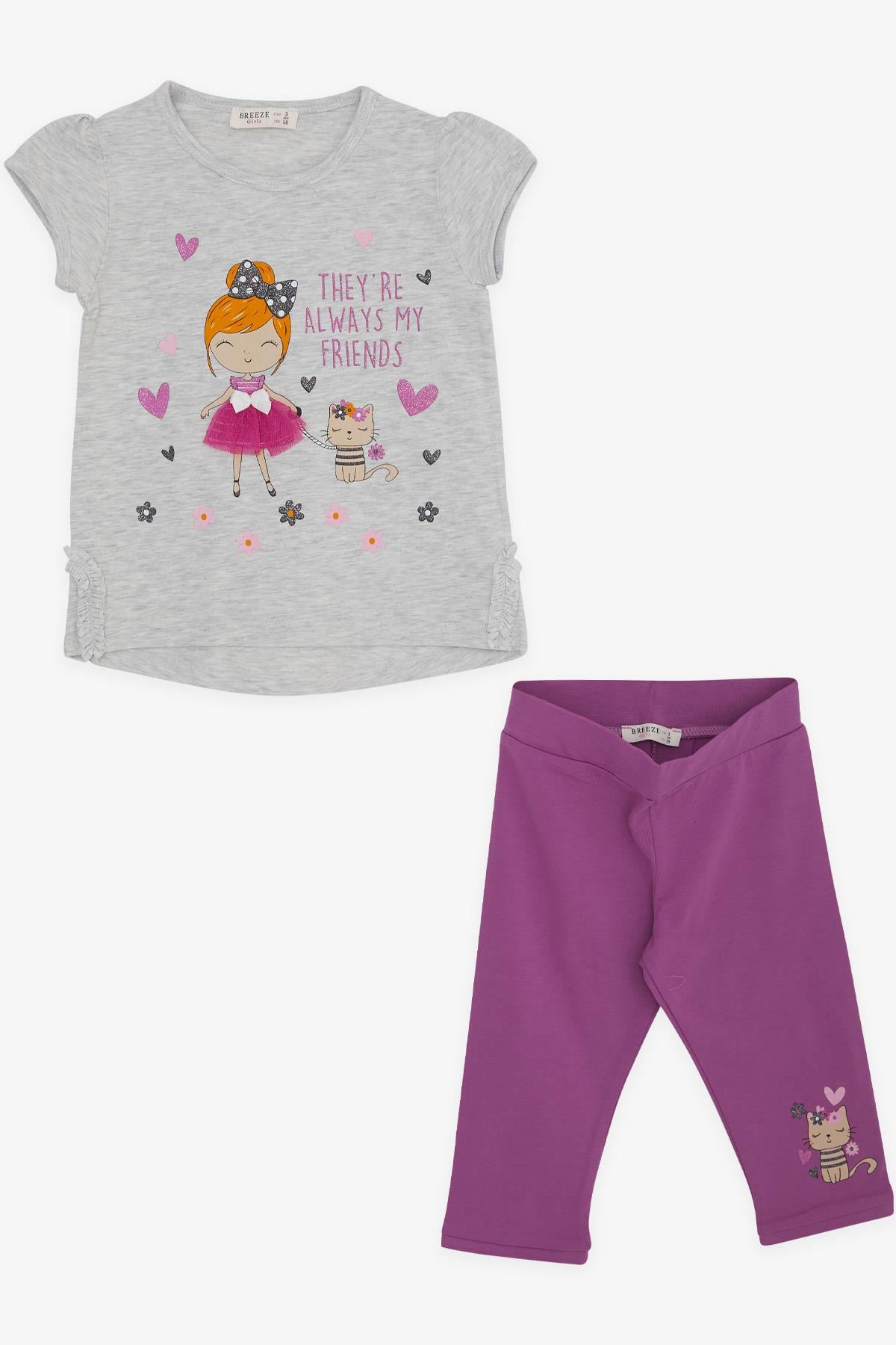 Breeze Kız Bebek Taytlı Takım Baskılı Açık Gri Melanj (1 Yaş)