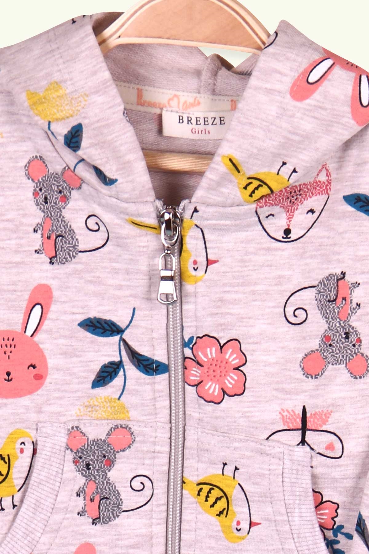 Breeze Kız Bebek Taytlı Takım Baskılı Kanguru Cepli Bej (9 Ay-3 Yaş)