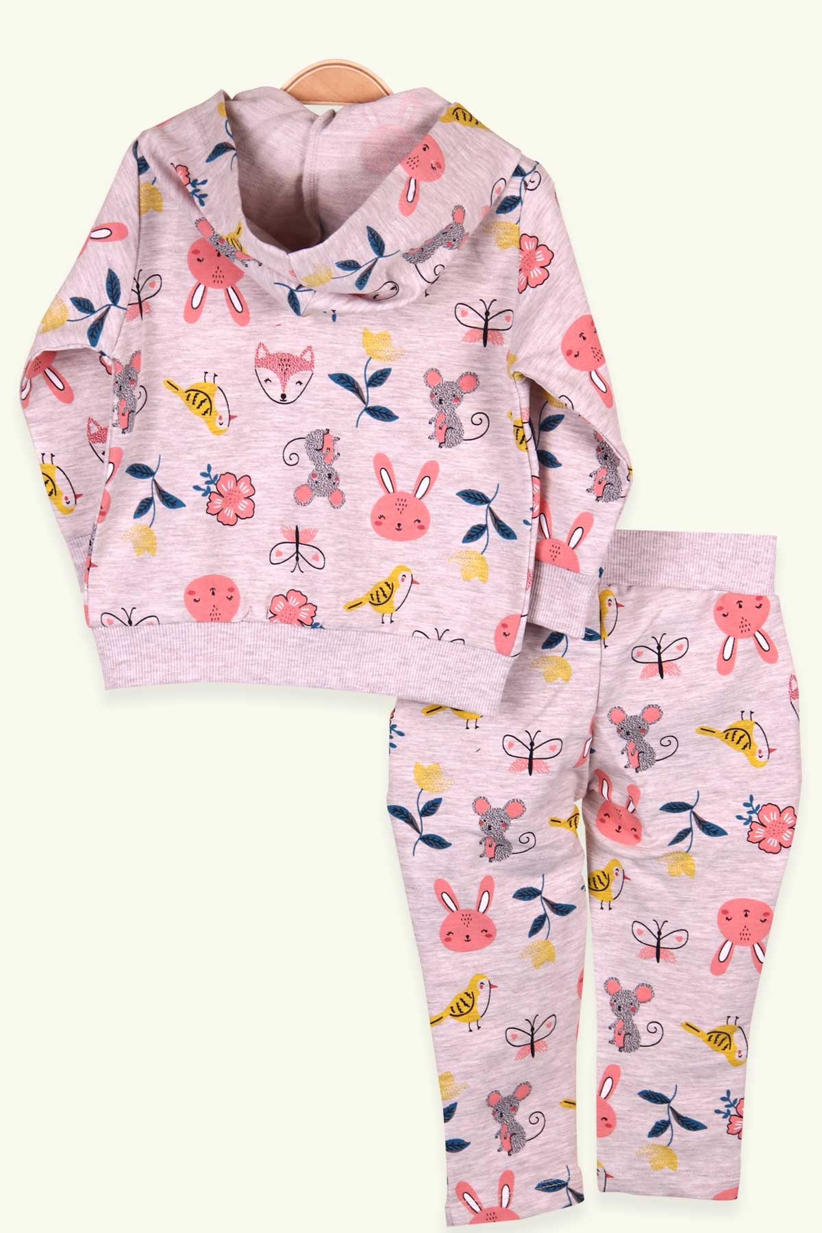Breeze Kız Bebek Taytlı Takım Baskılı Kanguru Cepli Bej (9 Ay-3 Yaş)