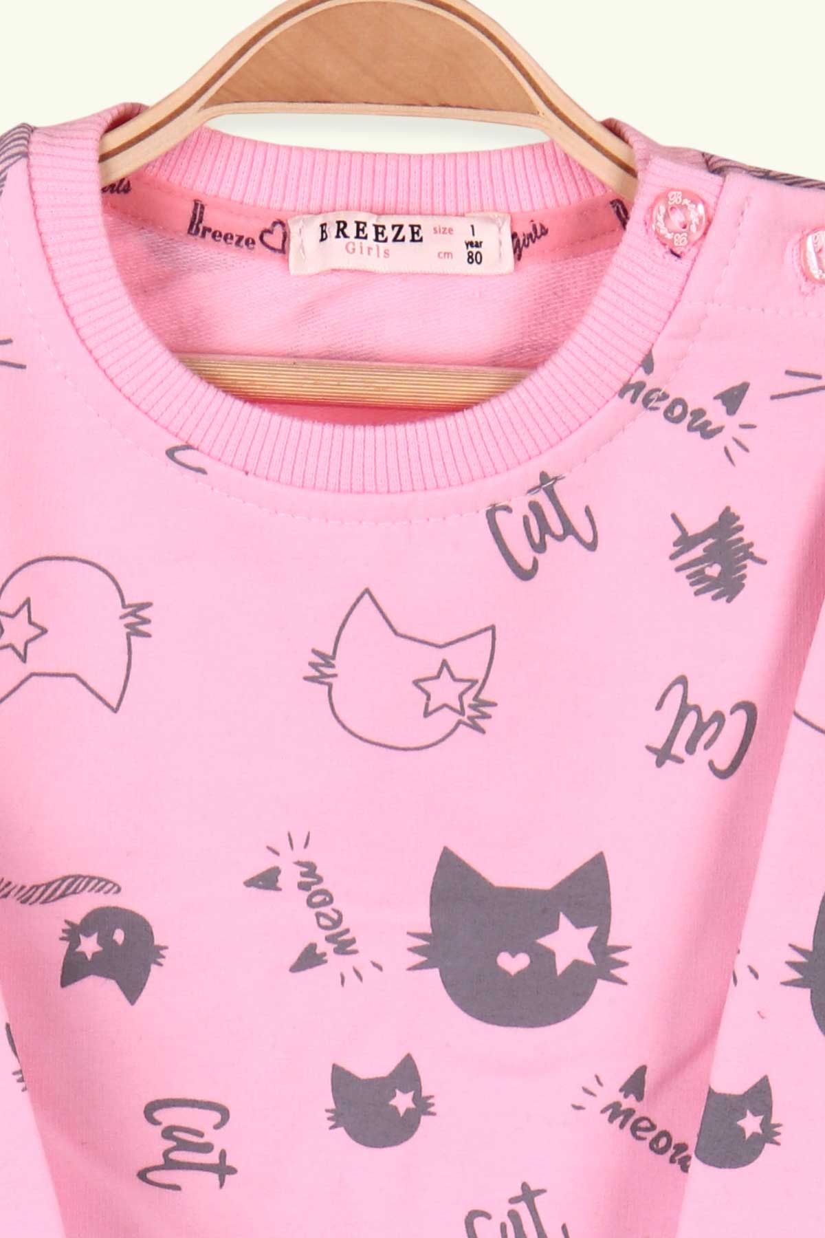 Breeze Kız Bebek Taytlı Takım Cepli Kedi Baskılı Pudra (6 Ay-2 Yaş)