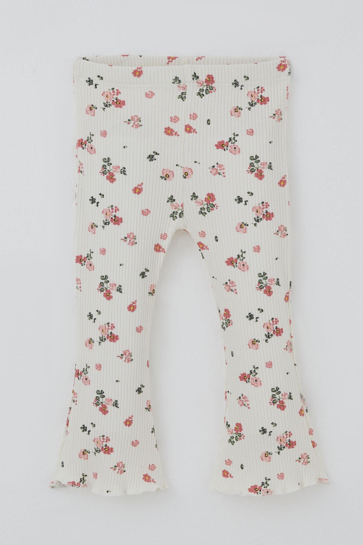 Breeze Kız Bebek Taytlı Takım Çiçek Desenli Yaka Kısmı Fırfır Detaylı Ekru (6 Ay-2 Yaş)