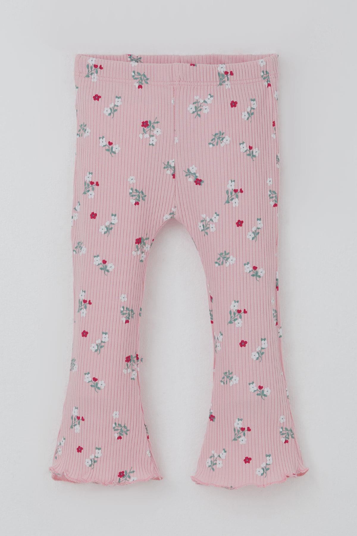 Breeze Kız Bebek Taytlı Takım Çiçek Desenli Yaka Kısmı Fırfır Detaylı Pembe (6 Ay-2 Yaş)