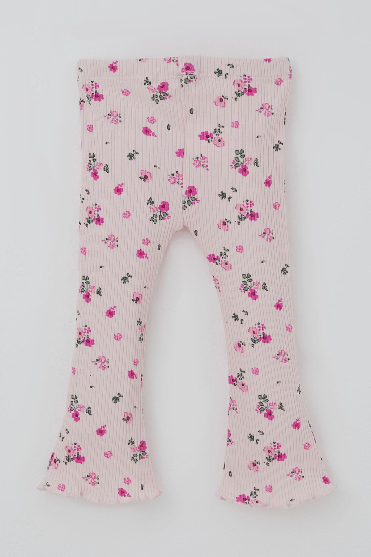 Breeze Kız Bebek Taytlı Takım Çiçek Desenli Yaka Kısmı Fırfır Detaylı Pudra (6 Ay-2 Yaş)