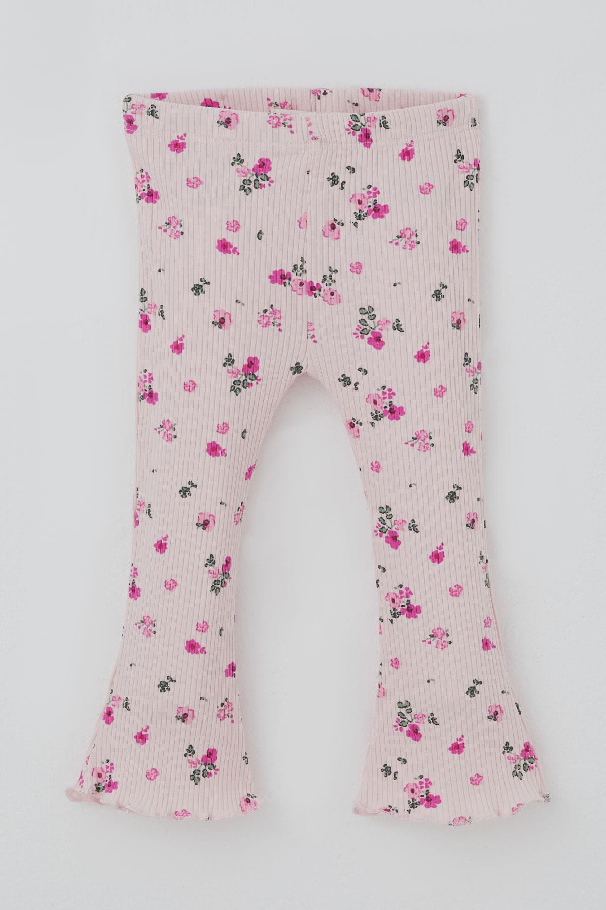 Breeze Kız Bebek Taytlı Takım Çiçek Desenli Yaka Kısmı Fırfır Detaylı Pudra (6 Ay-2 Yaş)