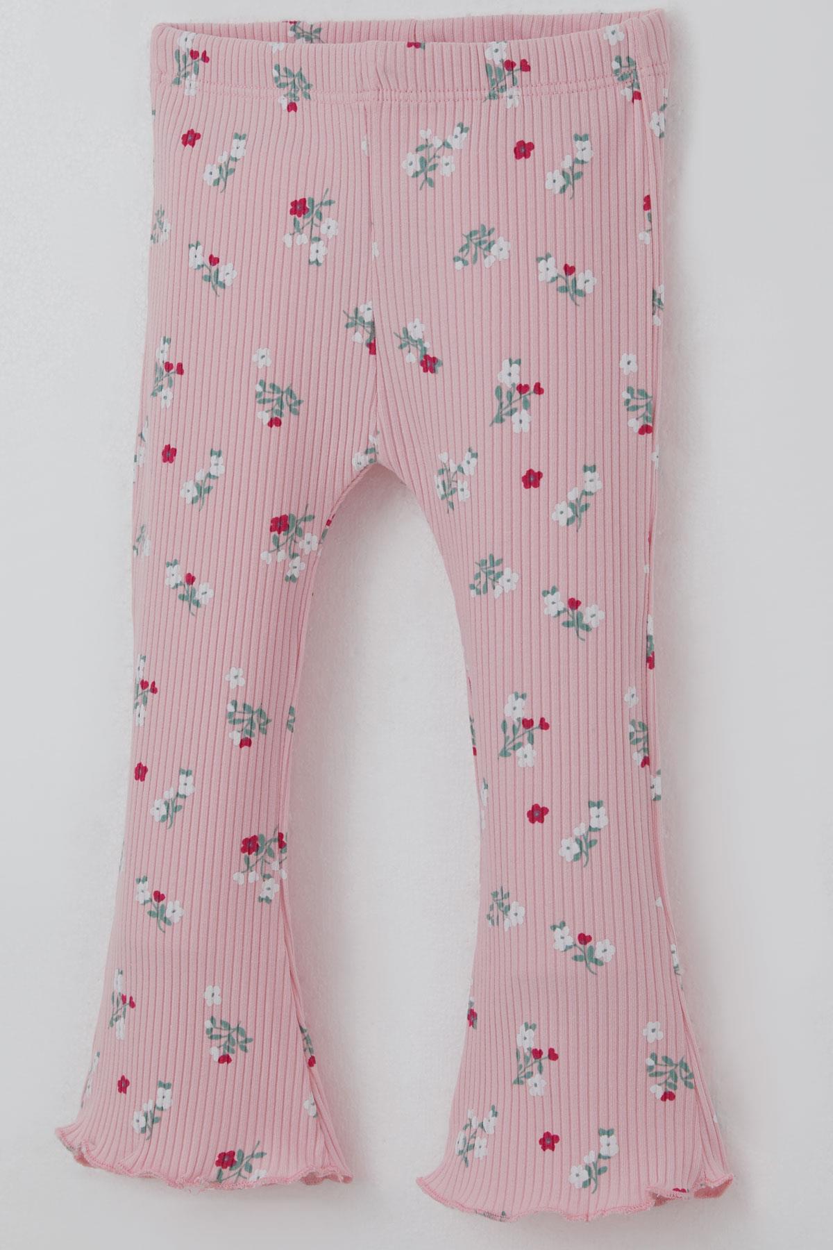 Breeze Kız Bebek Taytlı Takım Çiçek Desenli Yaka Kısmı Fırfır Detaylı Pembe (6 Ay-2 Yaş)