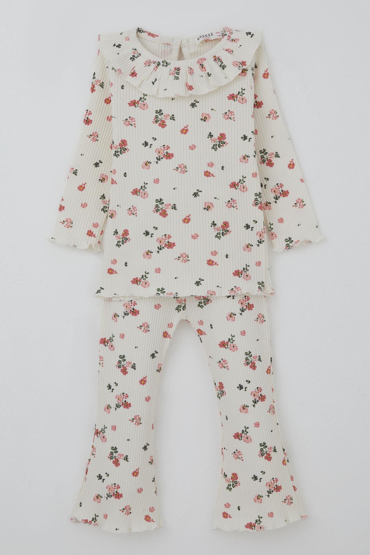 Breeze Kız Bebek Taytlı Takım Çiçek Desenli Yaka Kısmı Fırfır Detaylı Ekru (6 Ay-2 Yaş)