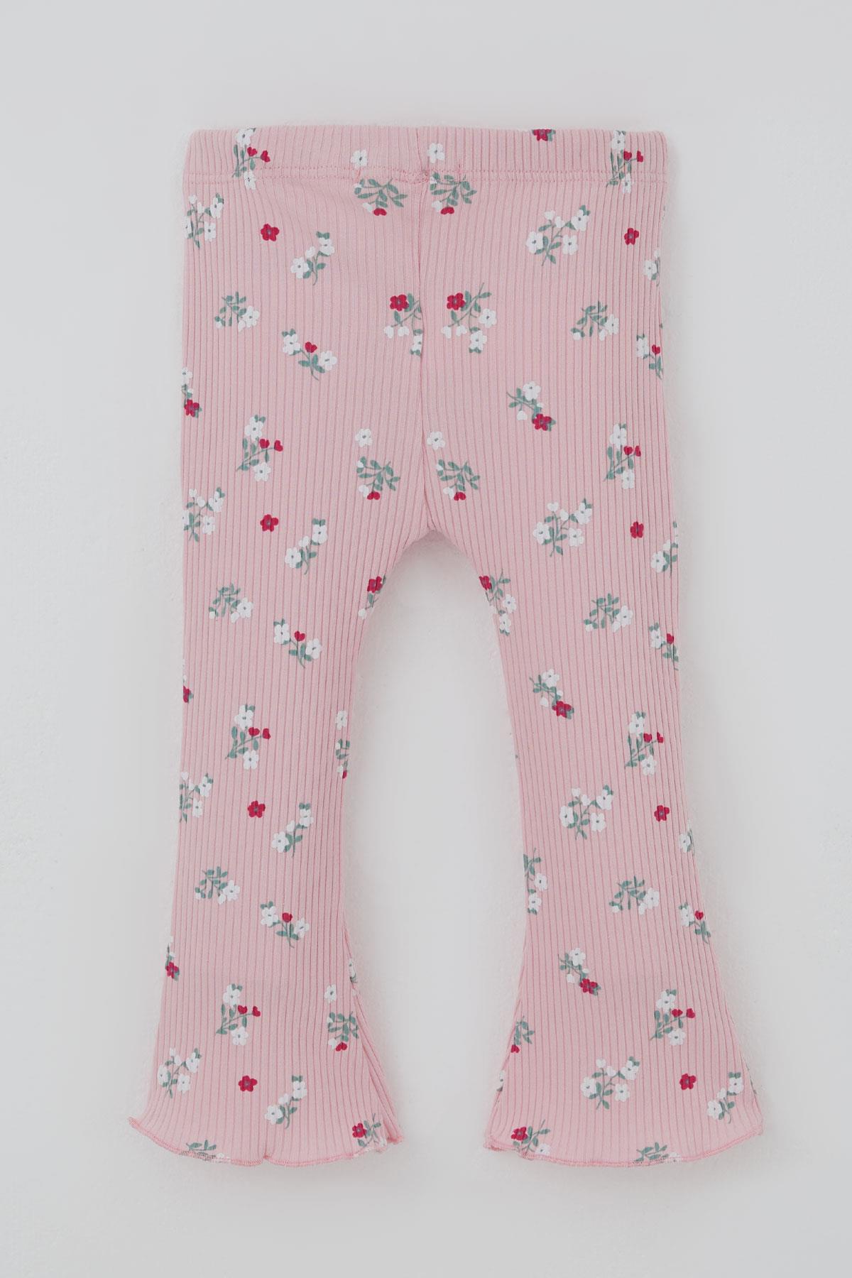 Breeze Kız Bebek Taytlı Takım Çiçek Desenli Yaka Kısmı Fırfır Detaylı Pembe (6 Ay-2 Yaş)