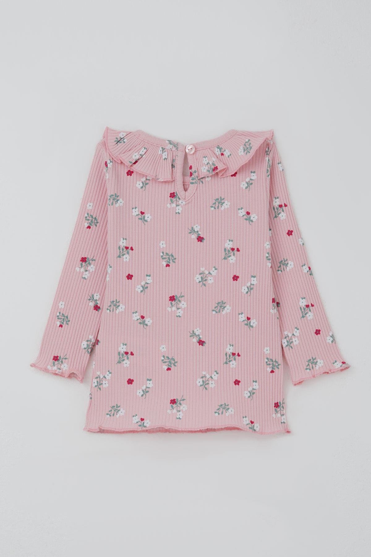 Breeze Kız Bebek Taytlı Takım Çiçek Desenli Yaka Kısmı Fırfır Detaylı Pembe (6 Ay-2 Yaş)