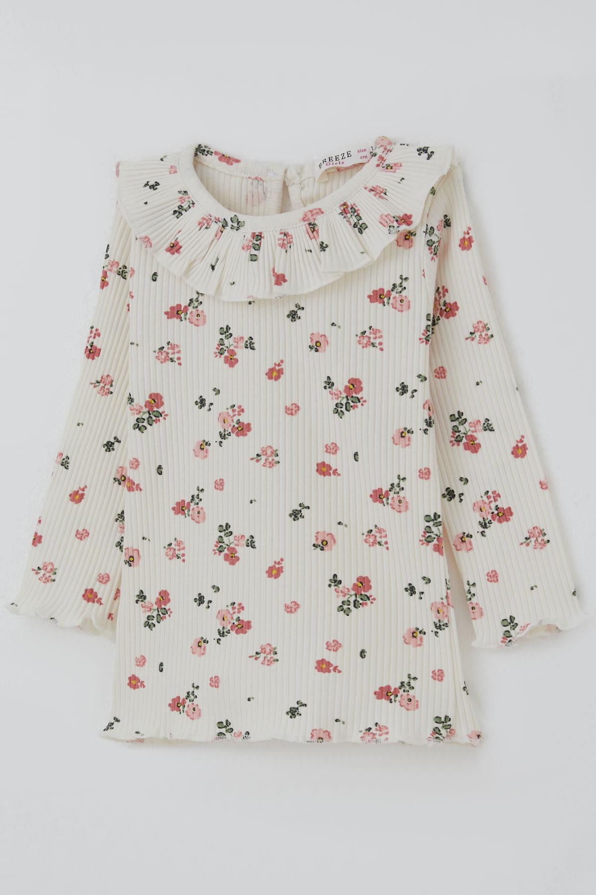 Breeze Kız Bebek Taytlı Takım Çiçek Desenli Yaka Kısmı Fırfır Detaylı Ekru (6 Ay-2 Yaş)