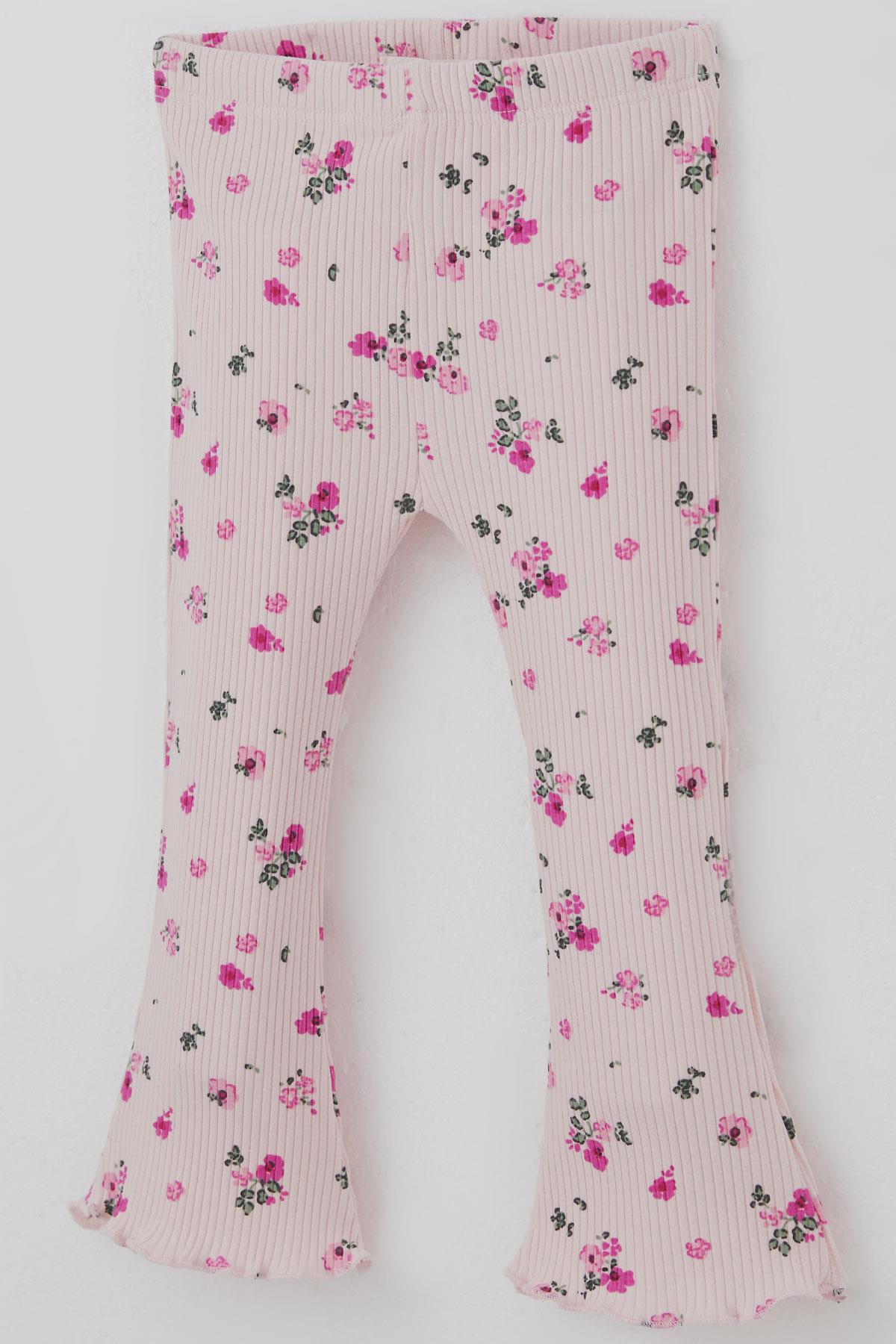 Breeze Kız Bebek Taytlı Takım Çiçek Desenli Yaka Kısmı Fırfır Detaylı Pudra (6 Ay-2 Yaş)